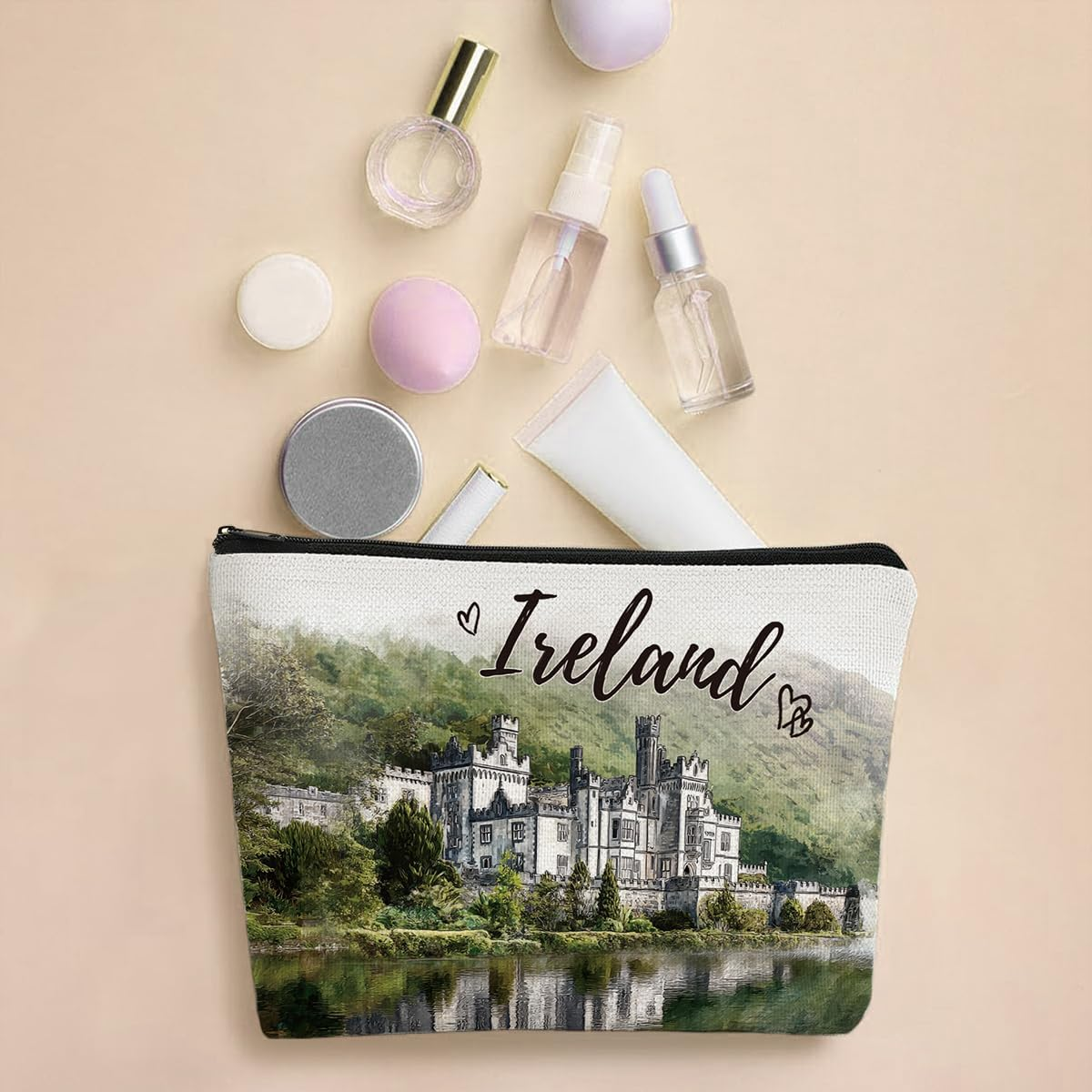 Kylemore Abbey Ireland Makeup Bag Gifts &ndash; Ireland Travel Essentials Watercolor Cosmetic Bag, Irish Gifts for Women Girls, Zipper Toiletry Pouch, Irish Souvenir Organizer Waterproof Linen image number 5