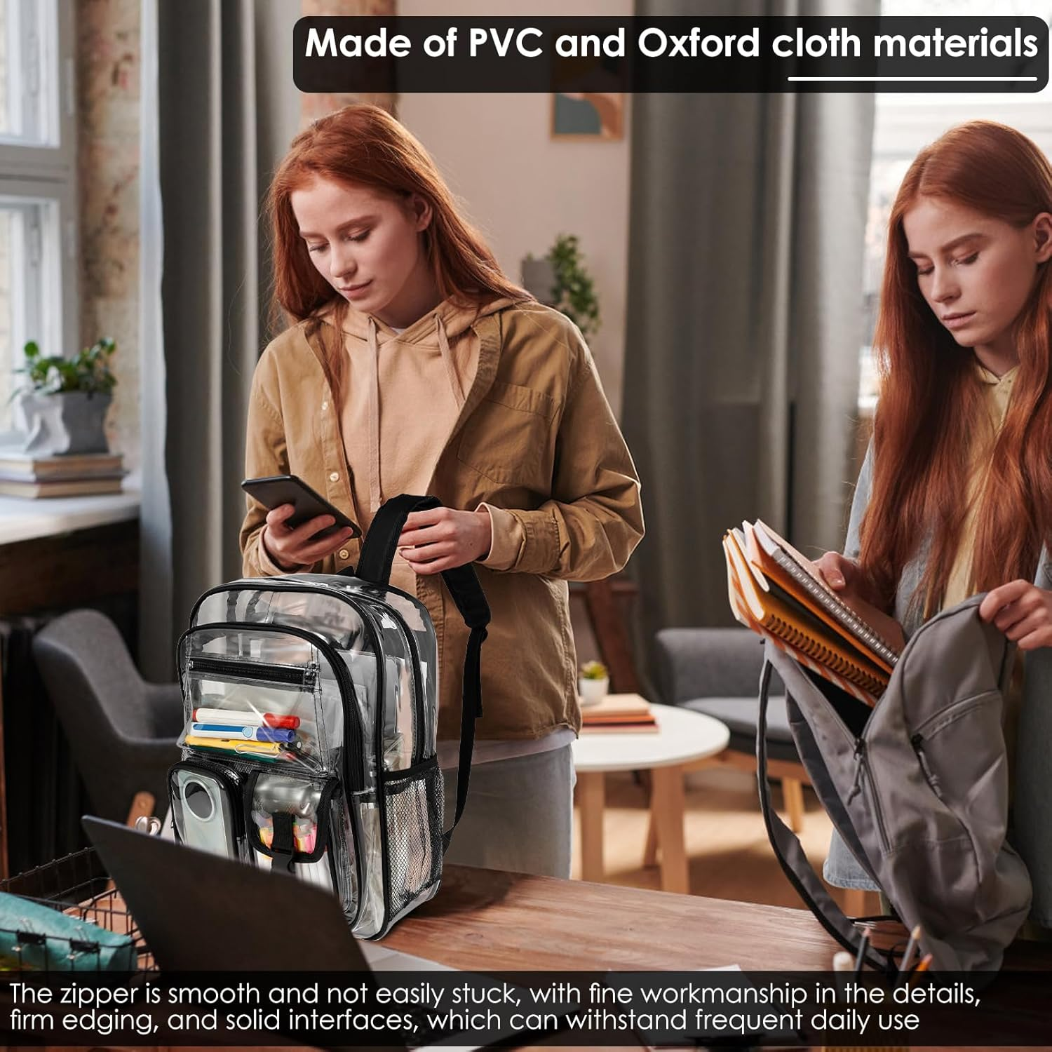 Clear Backpack, Heavy Duty PVC Clear Bookbag, with Widened Straps, Multi Pockets Lightweight See through Backpack, for School Work Stadium Security Travel Sporting Events - Pink image number 6