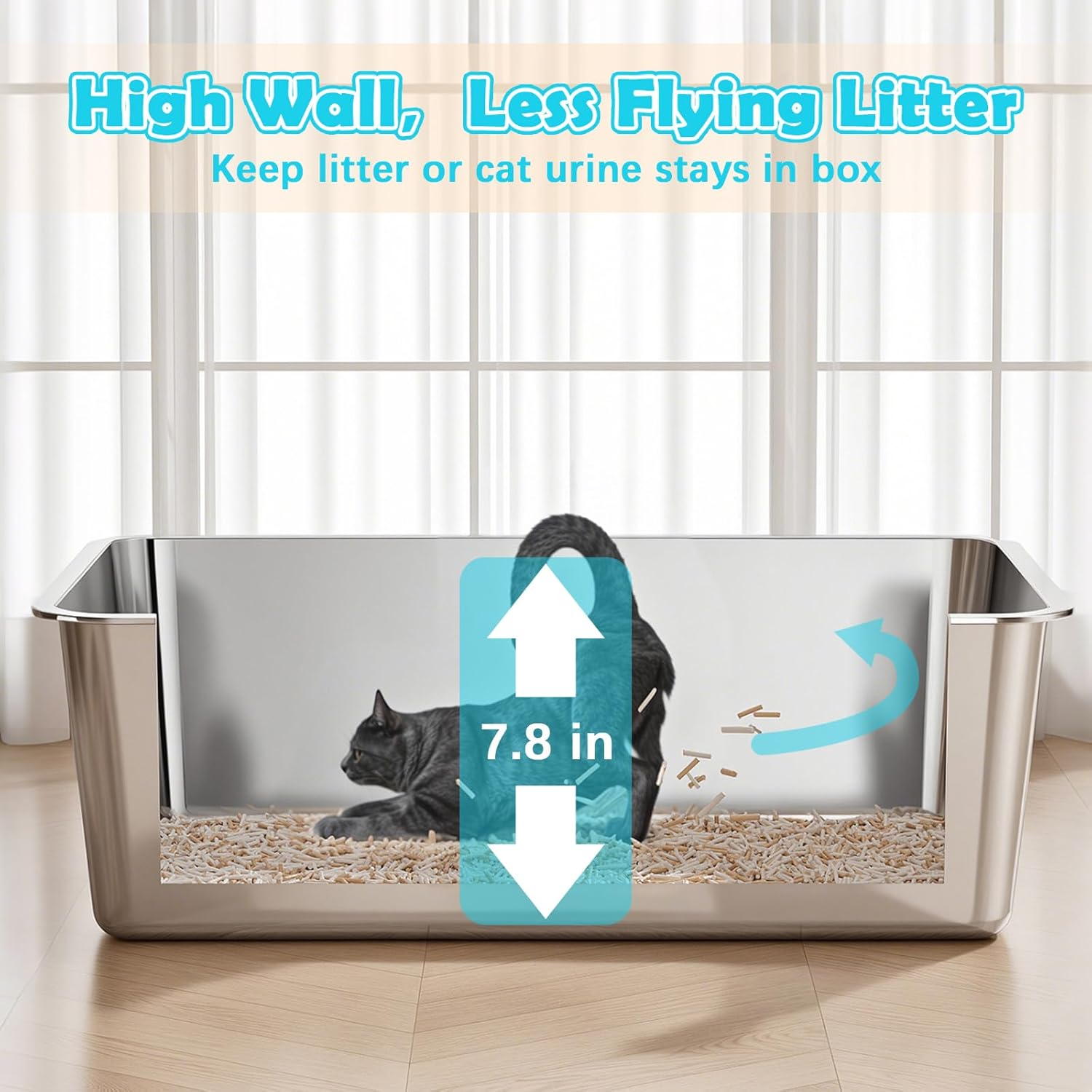 Stainless Steel Litter Box with High Sides,Metal Litter Box with Low Entry for Kittens & Senior Cats,Large Cat Litter Boxes,19.6" L X 13.7" W X 5.9" H,Non-Sticky,Easy to Clean (Middle Entry) - Middle Entry image number 5