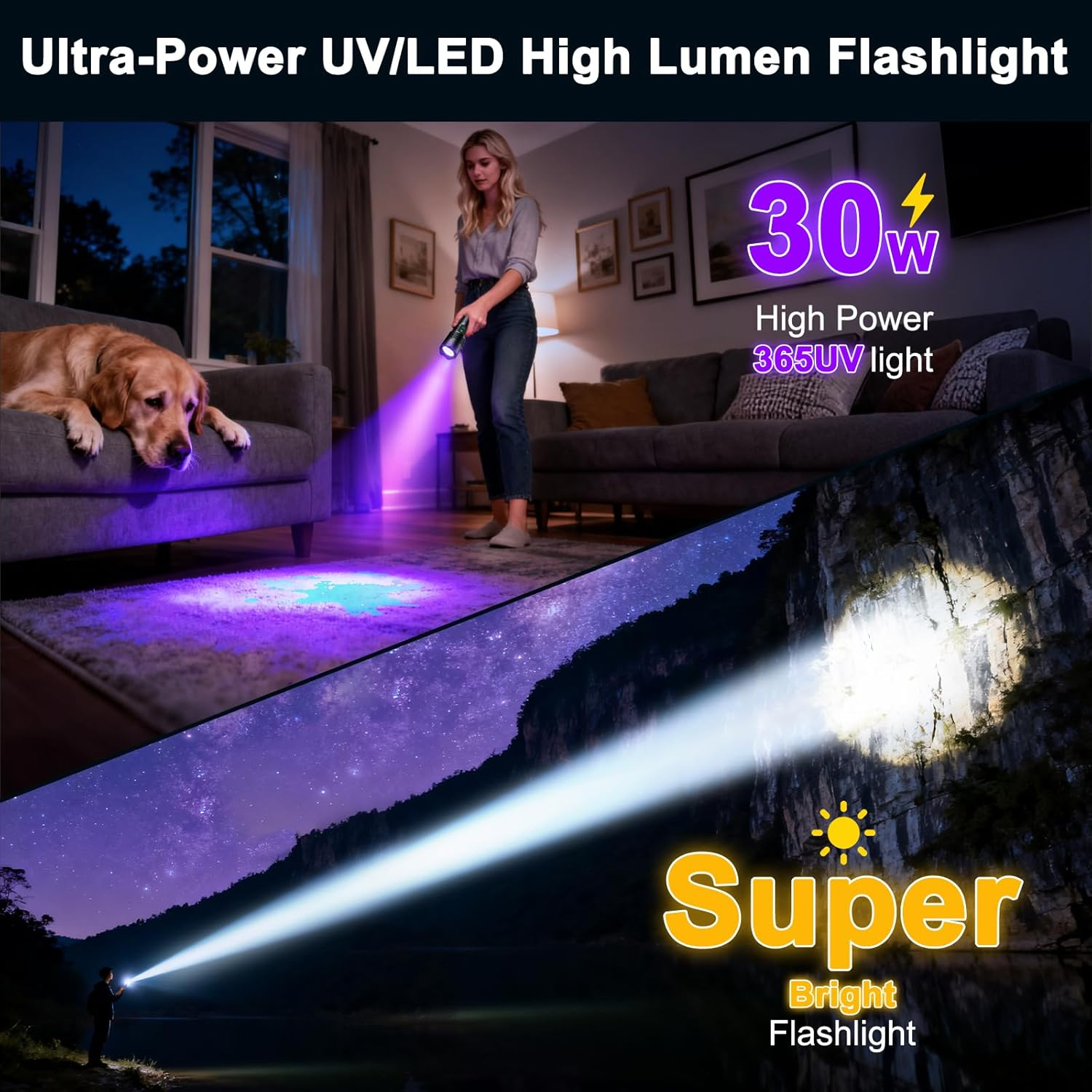2-In-1 365Nm UV Torch & LED Flashlight Rechargeable, 30W Zoomable UV Light Black Light Torch for Pet Urine Detection, Resin Curing, Rocks, Scorpions, Waterproof Flashlights for Camping, Emergency image number 4