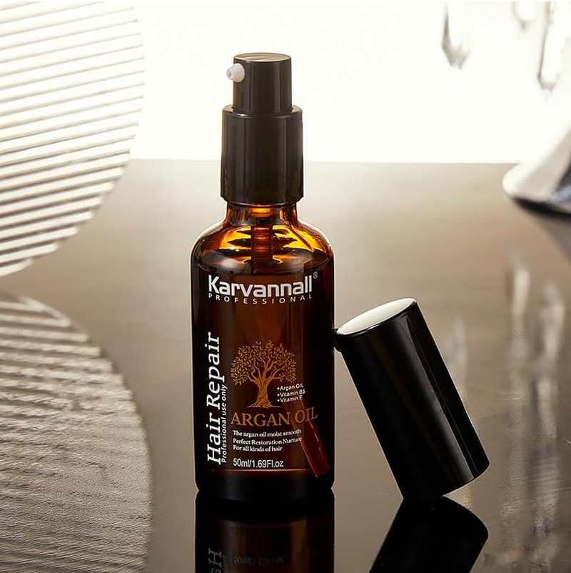 Karvannall Professional Argan Oil Hair Serum with Vitamin E and B5, 50Ml, Damage Repair, Reduce Split-Ends, Makes Silky & Smooth Hair, for All Hair Types