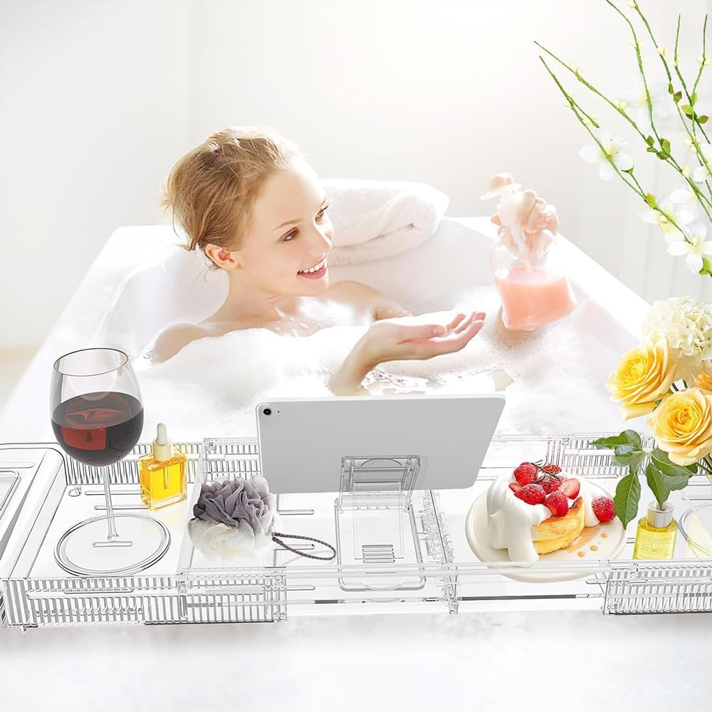 Kirbybear Expandable Bathtub Tray Caddy, Clear Bath Shelf Organizer for Tub, Multifunctional Bathroom Storage Rack for Candle, Towel, Book, Wine, Phone & Spa Relaxation image number 6