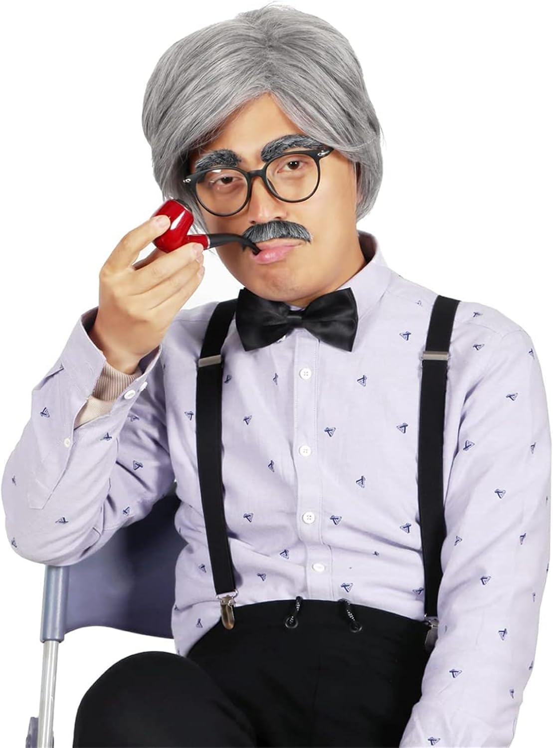 6PCS Funny Old Man Wig Set, Old Man Cosplay Accessories with Grandpa Wig, Wig Mesh Net, Glasses, Fake Moustache and Eyebrows, Grandpa Costume for Halloween Party image number 3