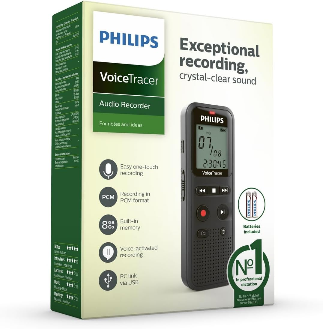 Philips Voicetracer DVT1160 Audio Recorder Voice Activation Function Mono WAV/ADPCM 8GB One Touch Operation USB PC Port Black image number 2