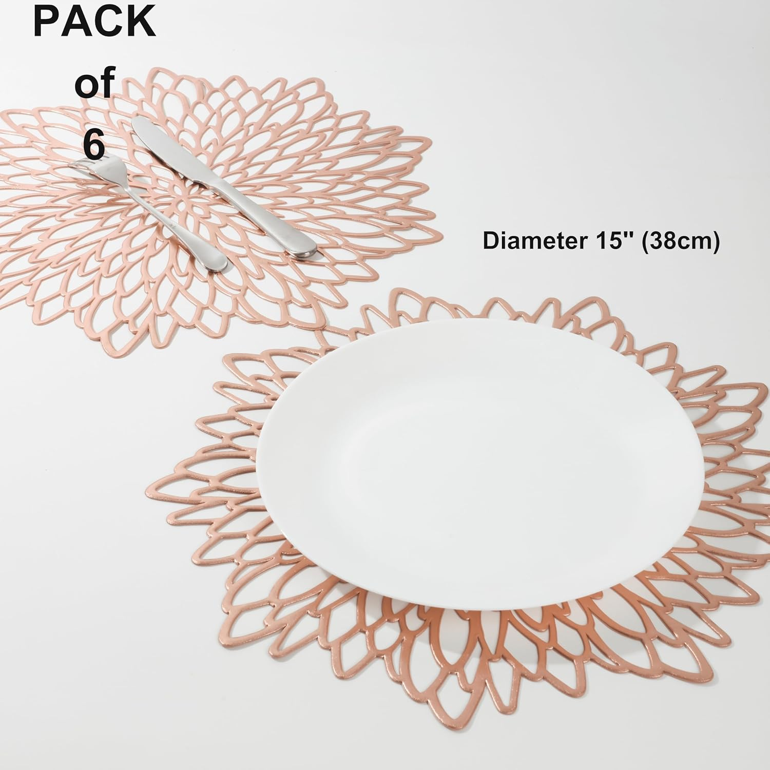 Snowkingdom 6 Pack Rose Gold Placemats Metallic Pressed Vinyl for Mother'S Day Table Decoration Dinning Mats round Floral Charger Plates Bridal Shower Party Birthday Wedding Valentine Christmas - 8, Gold image number 2