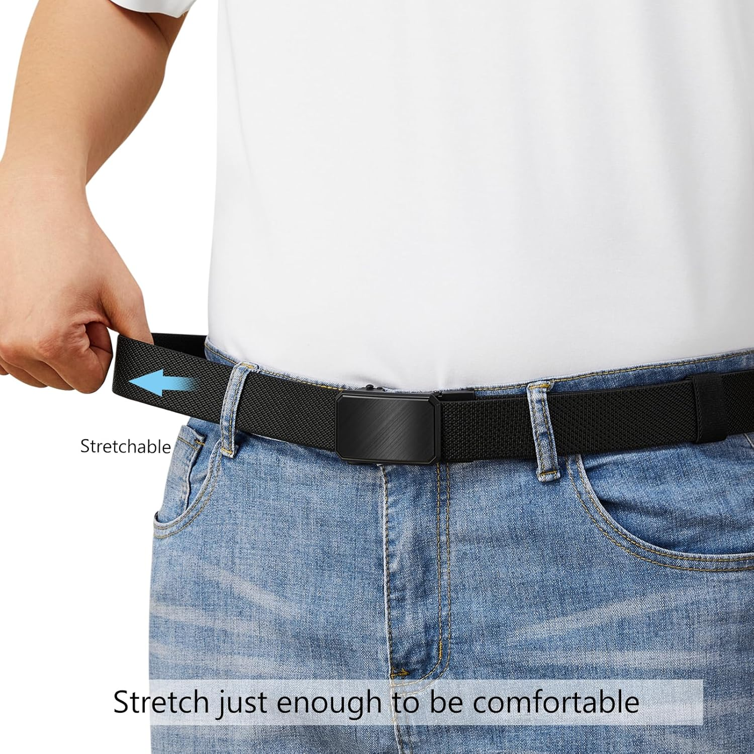 Lionvii Men'S Stretch Ratchet Belt, Elastic Slide Belt for Men with Automatic Buckle for Men Dress, Adjustable Trim to Fit 28-49" Waist - Black image number 3