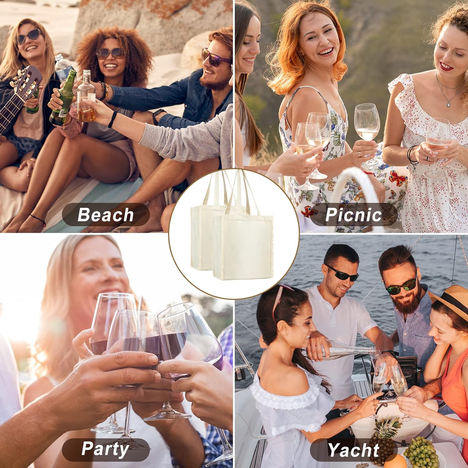 Berlune 3 Pcs Reusable 6 Bottle Wine Tote Bag with Divider Canvas Washable Portable Wine Carrier Tote Sturdy Bag for Grocery Bottle Carrier Holder for Travel Camping Picnic image number 1