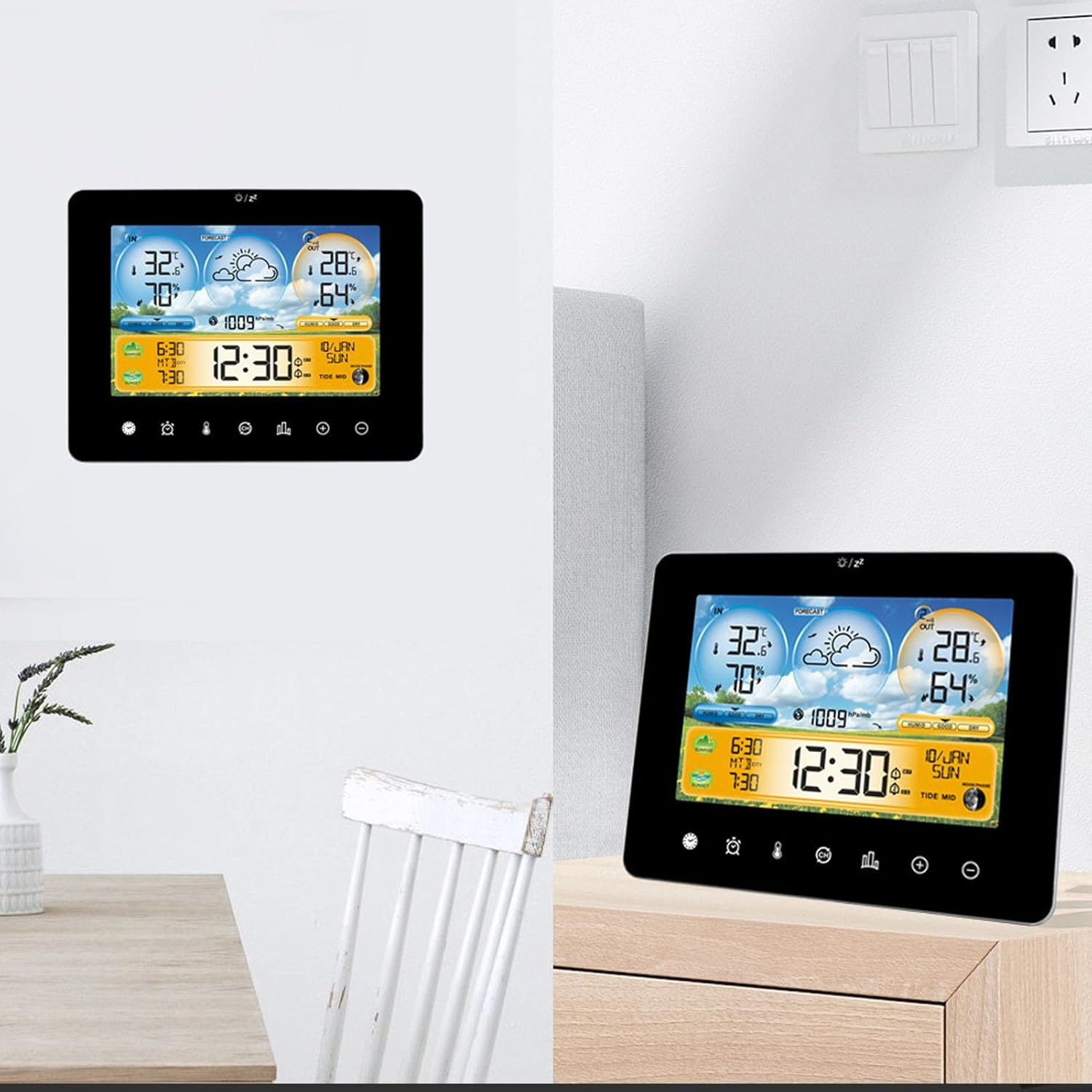 Zerodis Weather Forecast Station Clock,Indoor Outdoor Touch Digital Time RF Sensing Hygrograph Thermometer Humidity Meter Weather Monitor Alarm Clock for Living Room Baby Room Garage