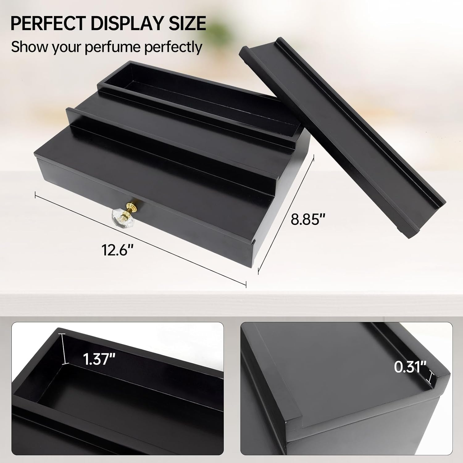 Cologne Organizer for Men, 3 Tier Mens Perfume Stand with Drawer Cologne Tray - Wooden Cologne Stand Perfume Dresser Organizer Display Risers Great Gift Choice for Men-Black image number 6