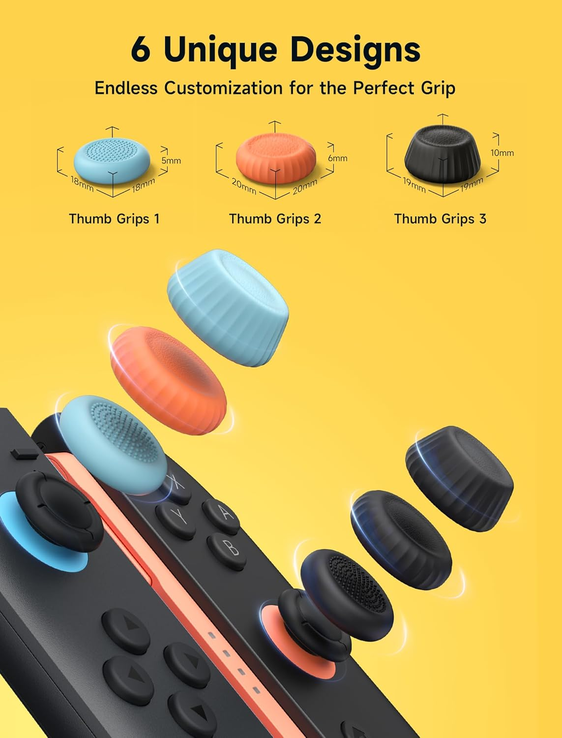 JSAUX Thumb Grips for Nintendo Switch 2 (2025), Switch Thumb Grip Caps, Ergonomic Design, Enhanced Grip, Comfortable & Durable, Joycon Grip Button Stick Cover - Black, Blue and Orange, 6Pairs(12Pcs) image number 1
