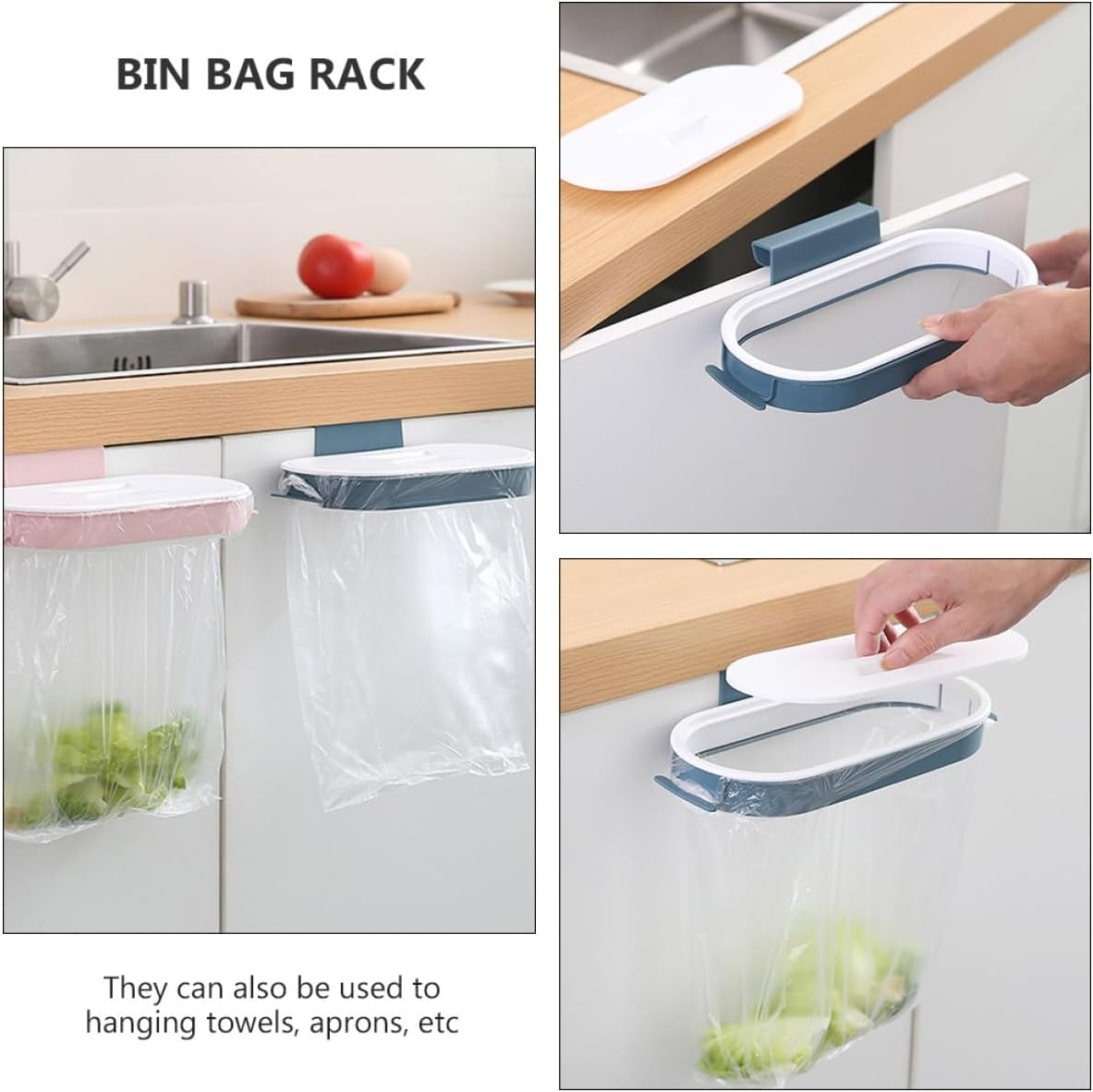 KOMBIUDA Hanging Bin Bag Holder Kitchen Trash Bag Rack Dark Blue Wall-Mounted Space-Saving 2Pcs Set for Cabinet and Home Use image number 2