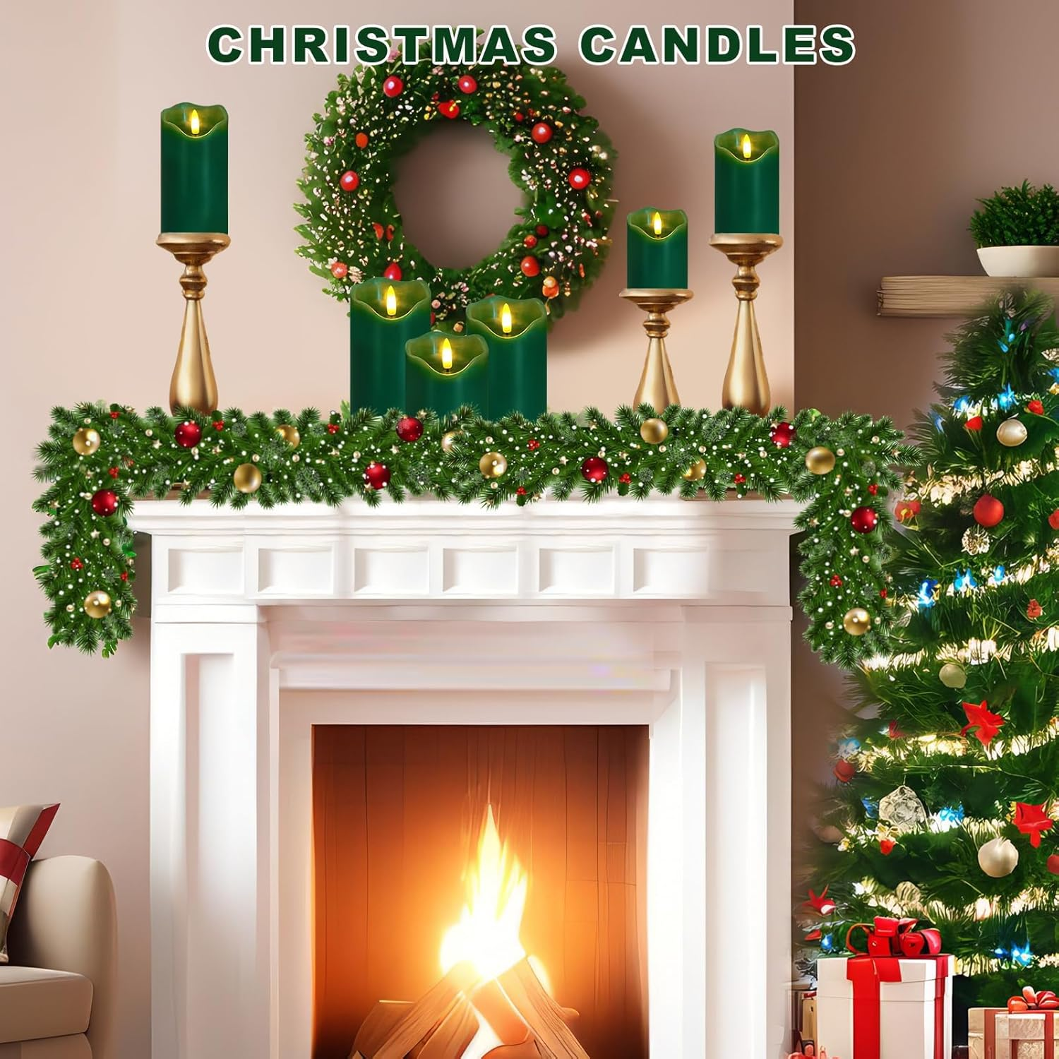 Flameless Candles Lights, Set of 3 Orange Flickering LED Candles with Remote & Timer, Dimmable LED Pillar Candles Battery Operated, Electric Candles for Fall Halloween Thanksgiving Decor (Green) image number 1