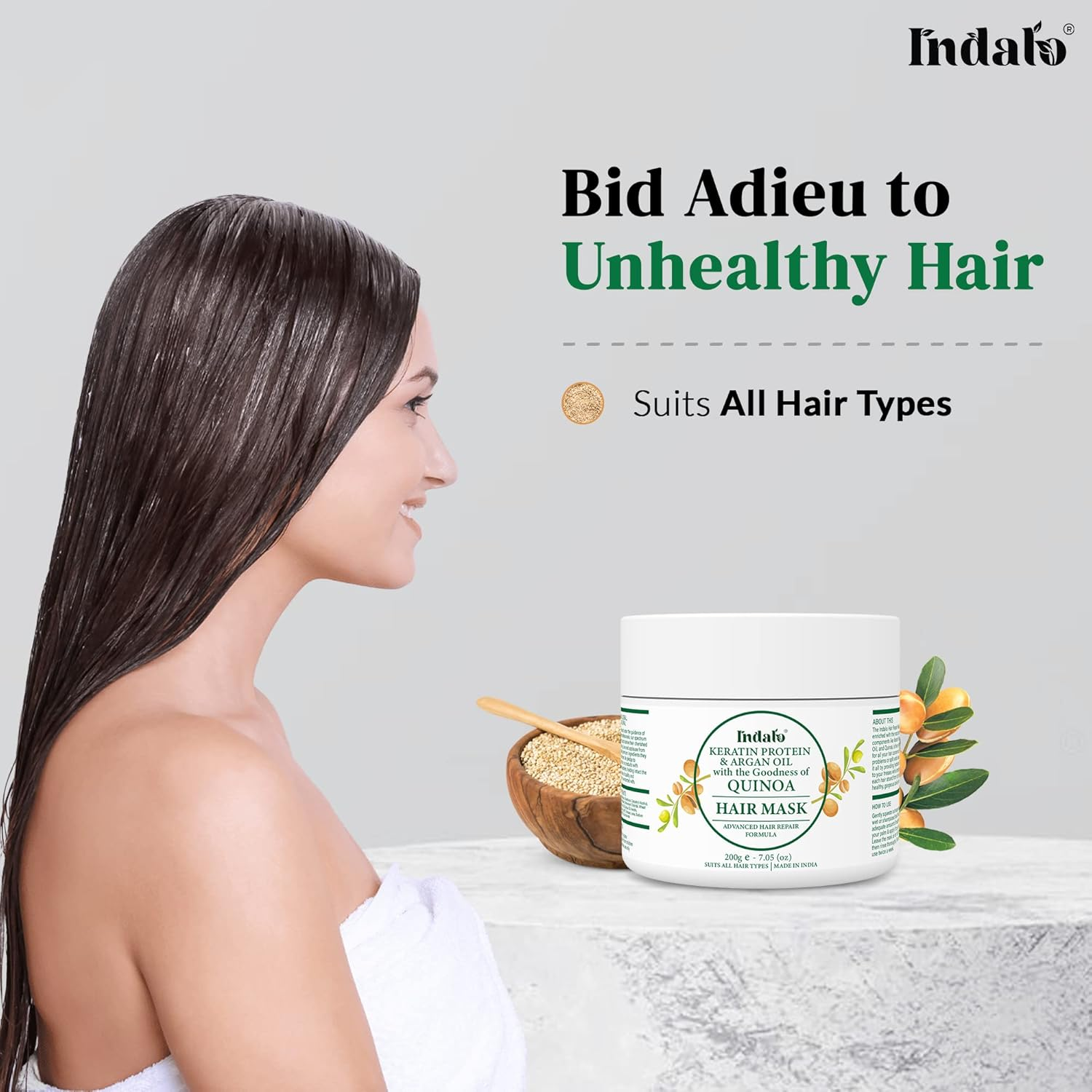 Indalo Professional Keratin Milk Protein - Collagen Argan Oil Hair Mask for Promotes Healthy, Long, Strong & Shiny Hair, Hair Growth | Quinoa Hair Mask with Keratin & Argan Oil for Women & Men(200Gm) image number 4