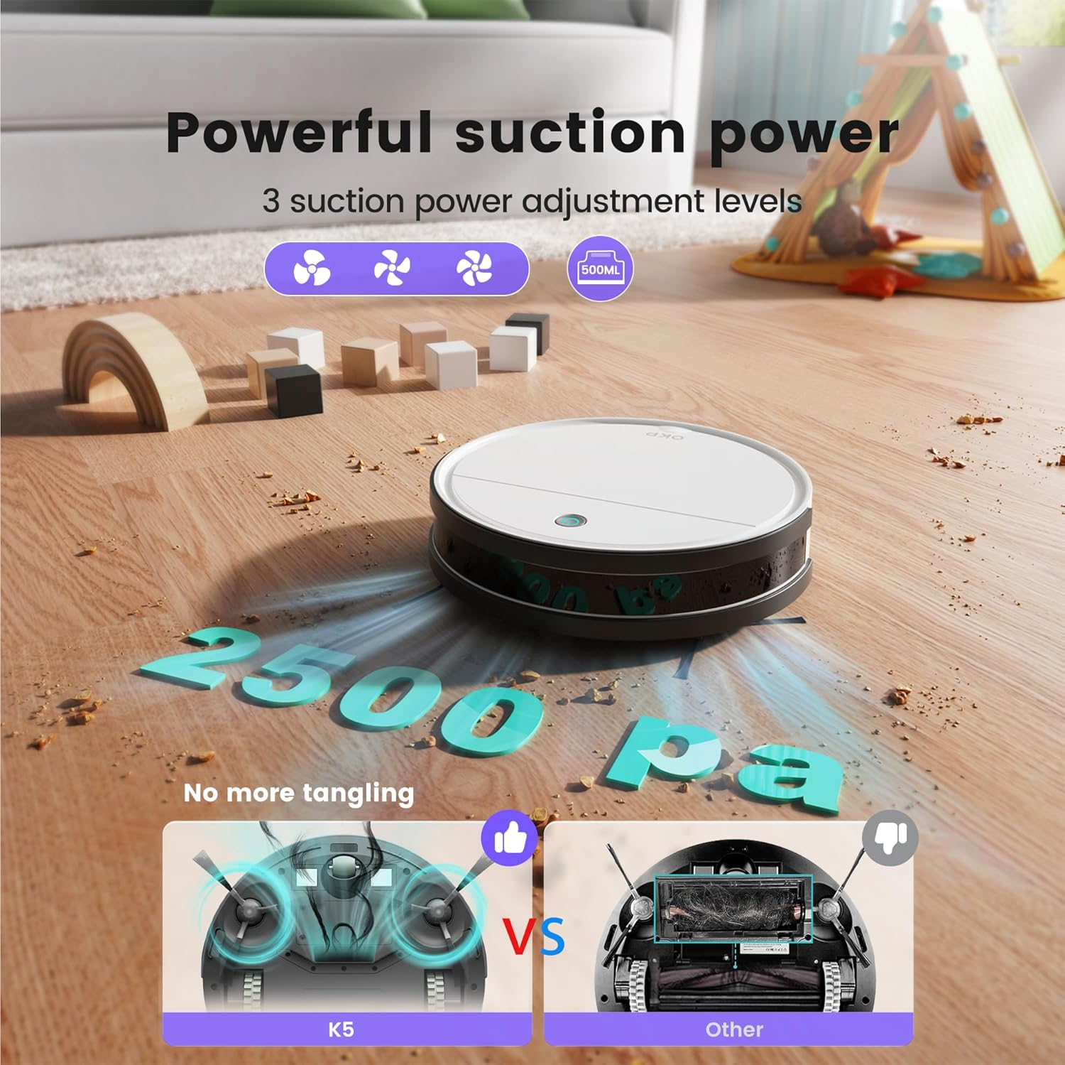 OKP K5 Robot Vacuum Cleaner with Freemove 3.0 Navigation, 2500Pa Strong Suction, Wi-Fi/Alexa App Control, 120 Mins Runtime, Auto-Charging, Ultra-Thin & Quiet, for Hard Floors Carpets Pet Hair, White - Ivory image number 5