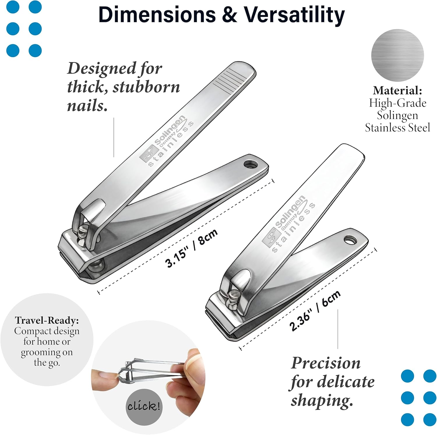 Solingen Nail Clippers | 2 Pcs Professional Sharp Tools Set | Stainless Steel Metal Made in Germany | Kit for Manicure & Pedicure Toenail Fingernail Care for Women Mens and Baby image number 3