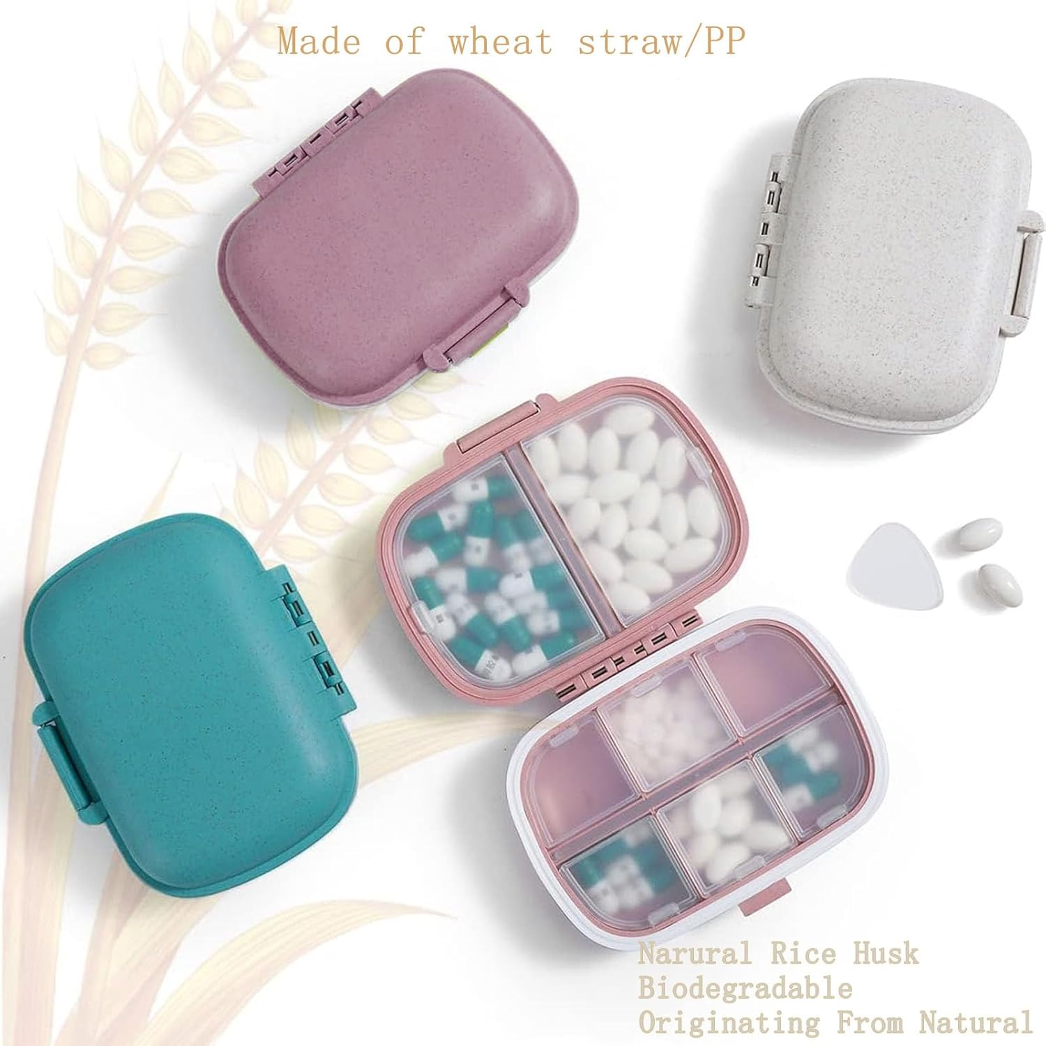 3 Pack Travel Pill Organizer, Daily Pill Organizer Travel, 8 Compartments Portable Pill Case, Compact Medicine Containers(Blue, White，Pink)