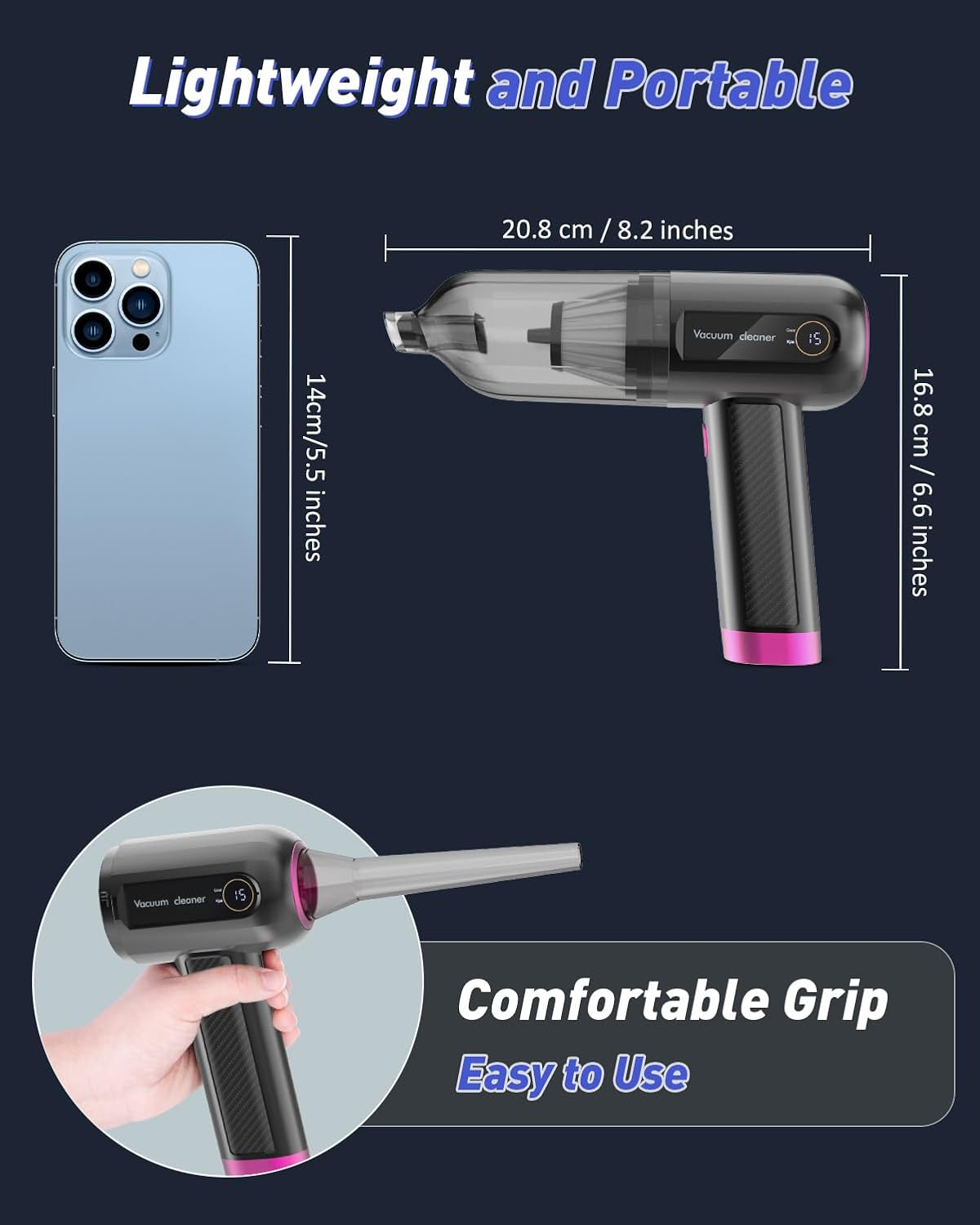 Car Vacuum Cleaner, 15000PA Mini Portable Handheld Car Vacuum Rechargeable Dust Buster, Wireless Air Blower, LED Display Powerful Cordless Vacuum Cleaner for Home Pet Hair Office (Red) - Red image number 3