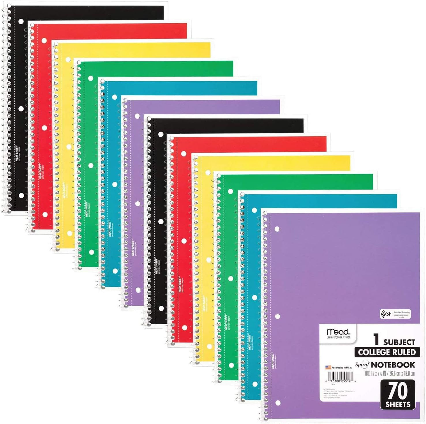 Mead Spiral Notebooks, 12 Pack, 1-Subject, College Ruled Paper, 10-1/2" X 8", 70 Sheets per Notebook, Color Will Vary (73703) image number 5