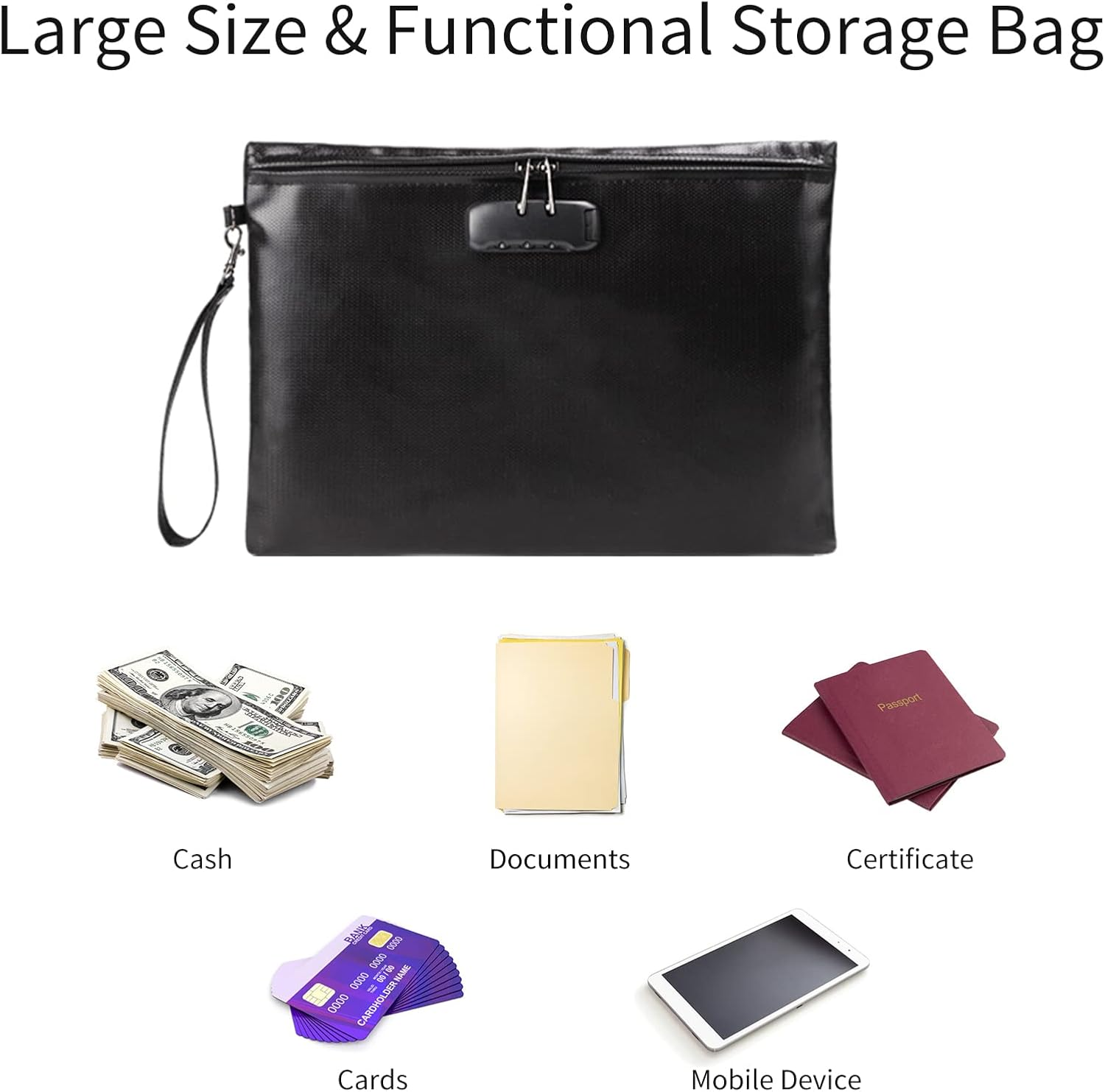 Julycrab Fireproof Document Bag with Lock Money Safety Organizer Zipper Closure Storage Pouch Pocket with 10 Cards Slot for for A4 Documents File Cash Passport Certificates Home Office Travel image number 6