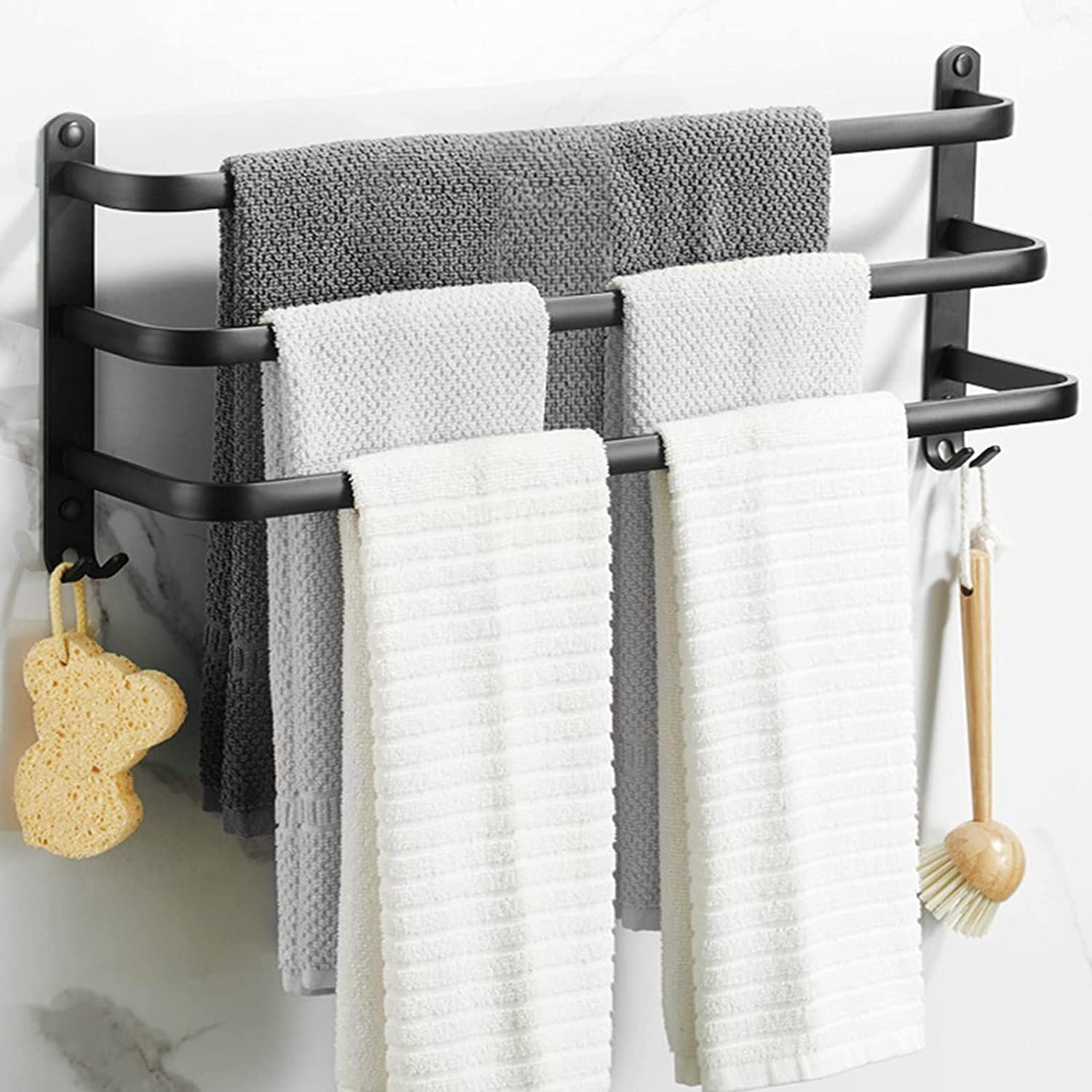 50CM Bath Towel Bars Towel Racks for Bathroom Lavatory, Bathroom Accessories 3-Tiers Ladder Hand Towel Holder with 2-Hooks, Wall Mount Towel Hanger Rail for Washroom Kitchen Space Saving 3 Bars