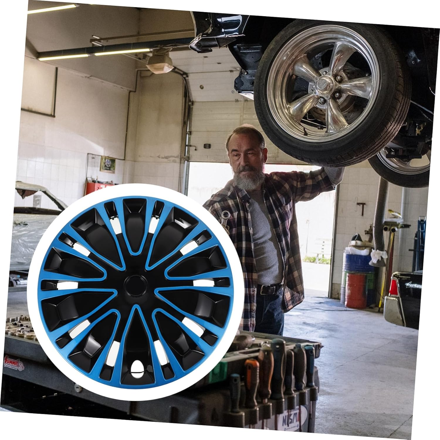 FELTECHELECTR 15-Inch Automotive Hub Caps and Decorative Wheel Hub Covers, Blue-Black Rim Cover for Cars, Universal Fit Vehicle Wheel Hubcaps for Travel and Outdoor Use image number 3