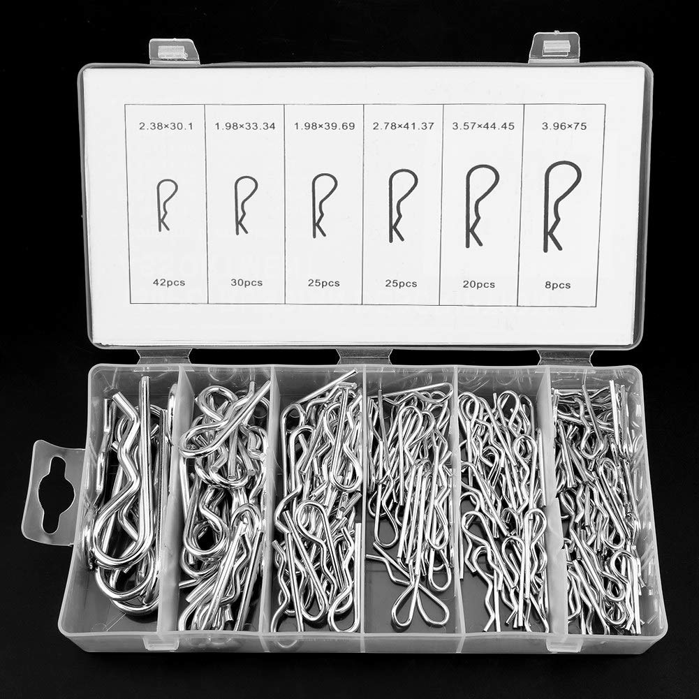 Plated Hitch Pin Fastening Pin Set, 150Pcs R Cotter Pin Tractor Pin Clip Assortment Fastener Set 6 Different Sizes with Plastic Box for Tow Tractor Light Truck Lawn Mower