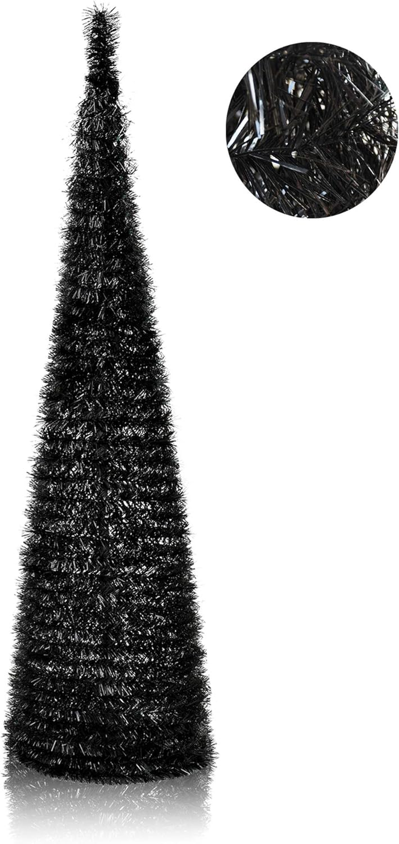 YUQI 5' Slim Black Tinsel Pop-Up Artificial Halloween Christmas Tree,Collapsible Pencil Halloween Christmas Trees Features Sequins Accents for Apartments,Dorm Rooms,Fireplace or Party