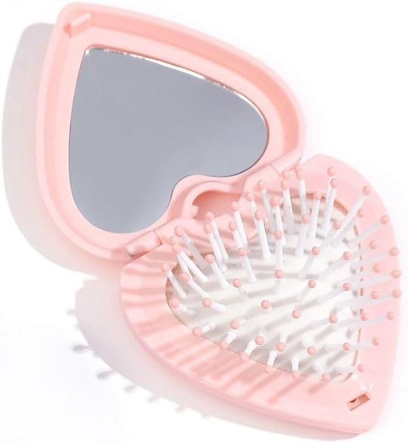 Heart Shape Mini Hair Brush for Purse Travel Folding Pocket Mirror Foldable Comb Women Girl (Pink)