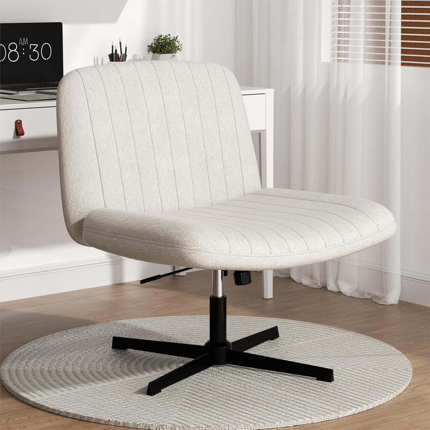 Cross Legged Desk Chair-Wide Seat Fabric Armless Chair Cloth Surface with Wheels and Back, Swivel Desk Chair for Home, Make Up, Bedroom Computer Task Chair, Beige image number 6