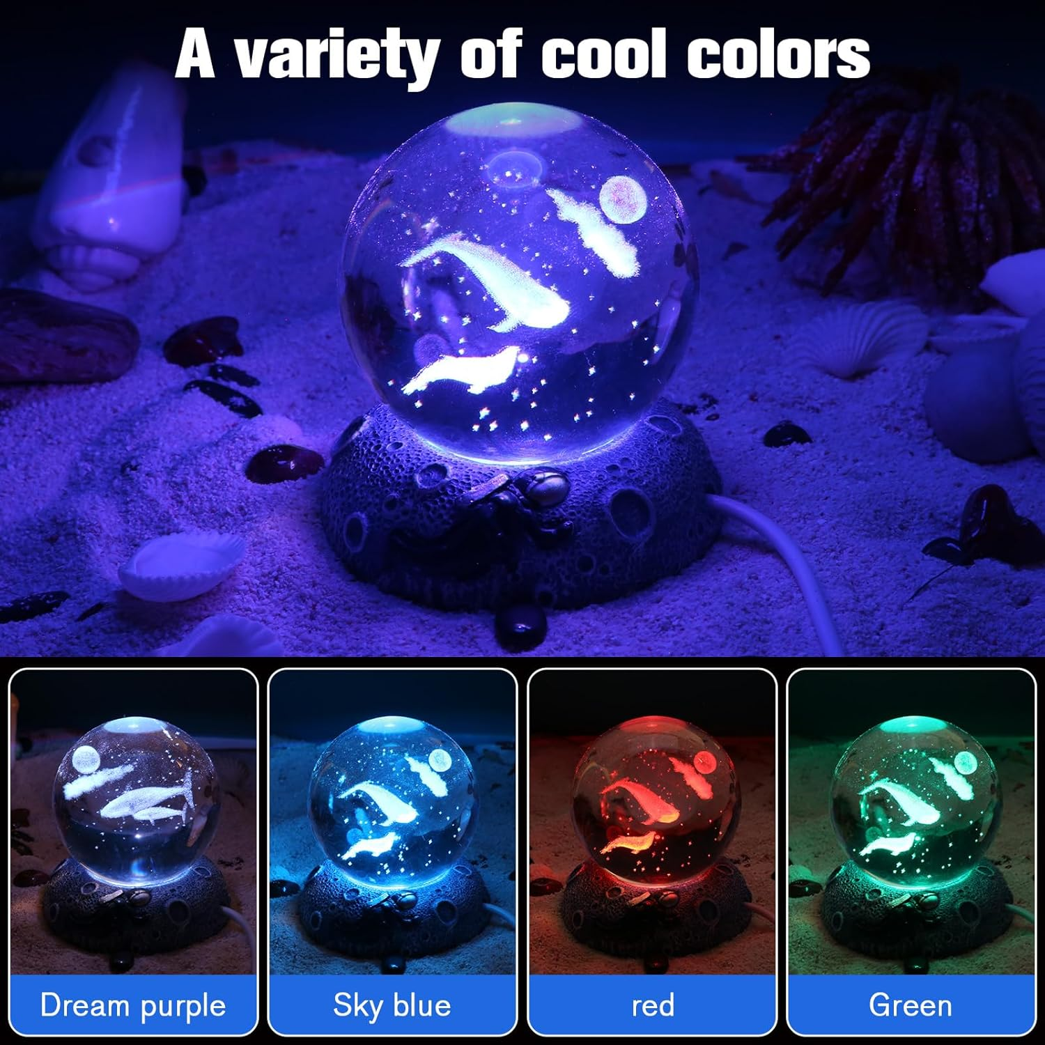 3D Crystal Ball Night Light USB Cool Lamp with LED Lighted Base (Whales) image number 3