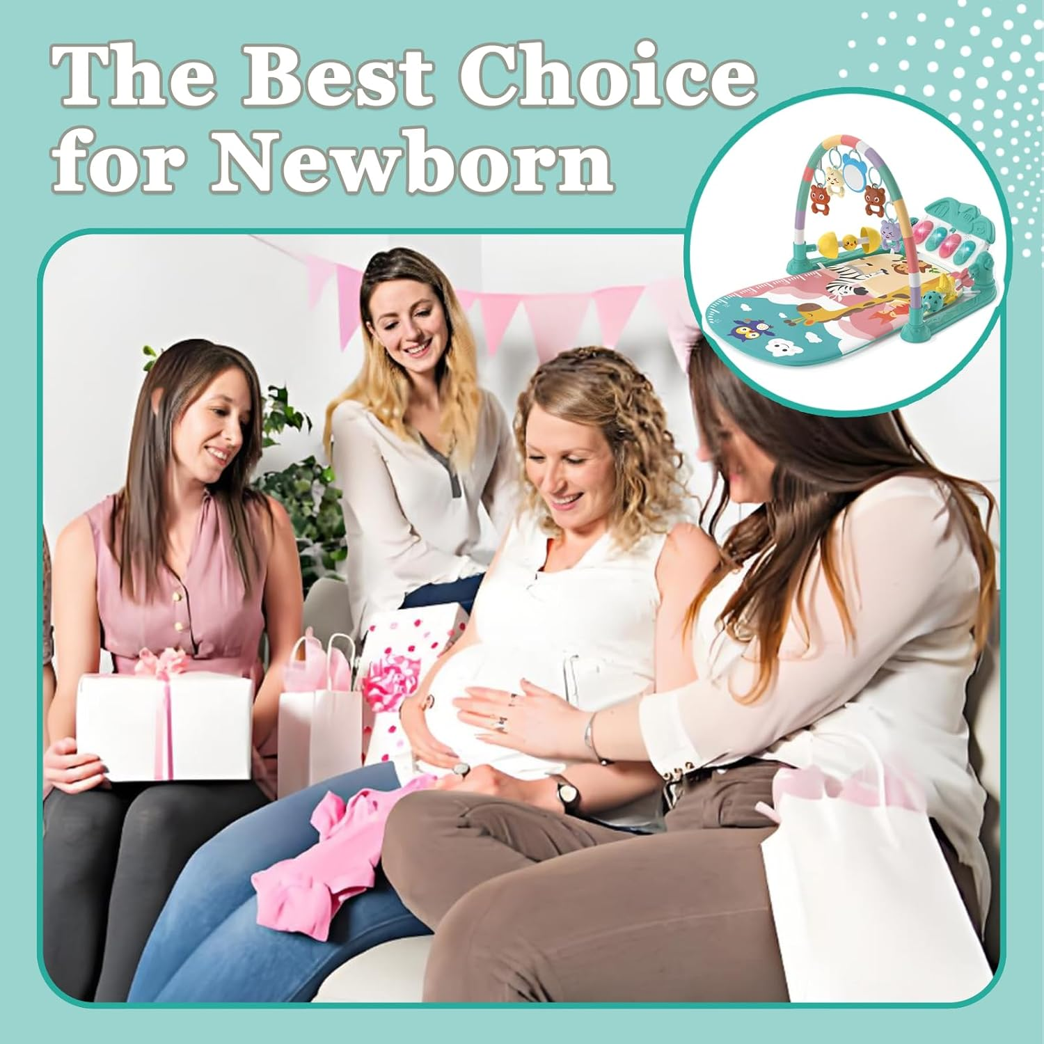 Baby Gyms Play Mats, Funny Play Piano Tummy Time Baby Activity Mat with 5 Infant Sensory Baby Toys Baby Play Piano Gym Mat with Music and Light for Babies Newborns and Toddlers (Green & Pink) image number 4