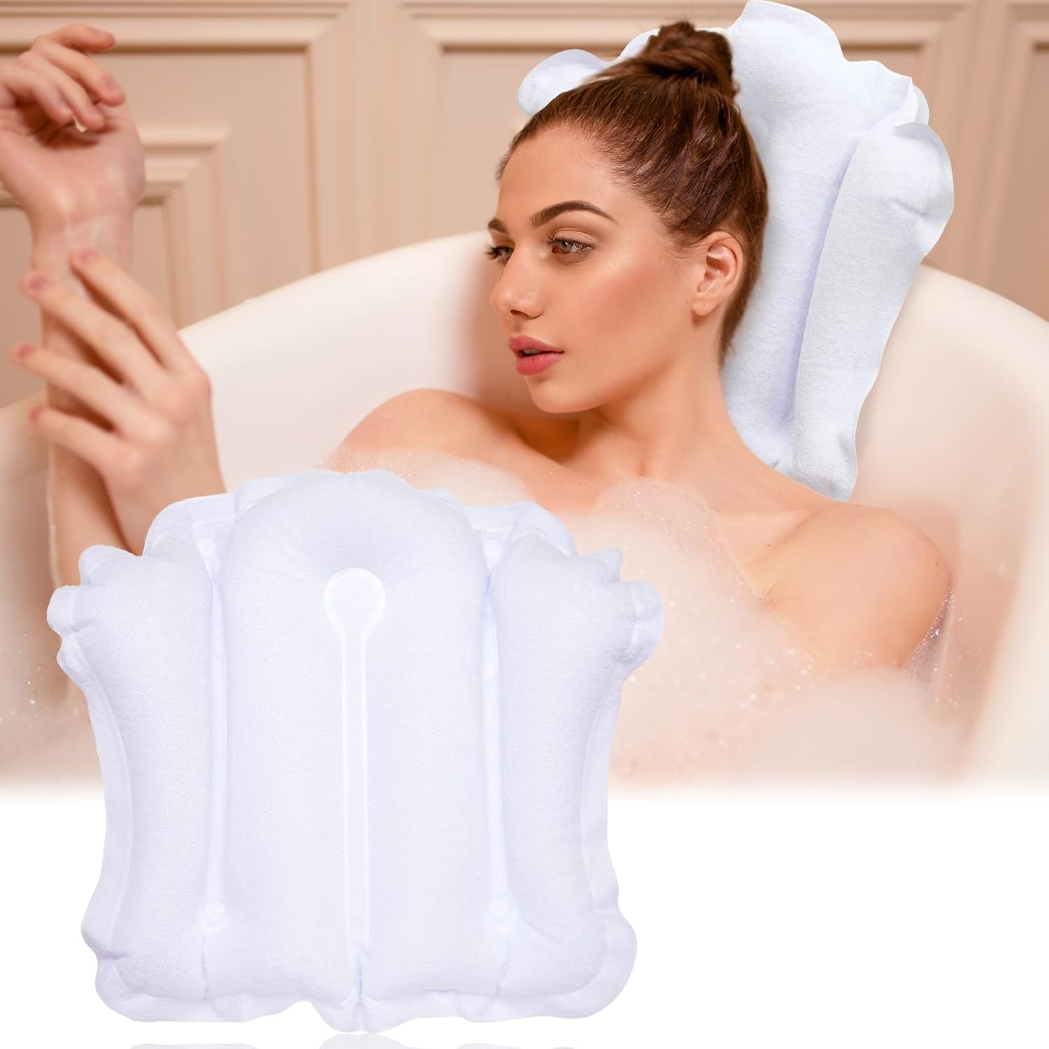 Jetec Inflatable Bath Pillow for Tub Non Slip Bathtub Pillow Soft Comfortable Terry Cloth Bath Pillow White Head Spa Pillow with Suction Cup for Bathtub Cushion, Hot Tub image number 6