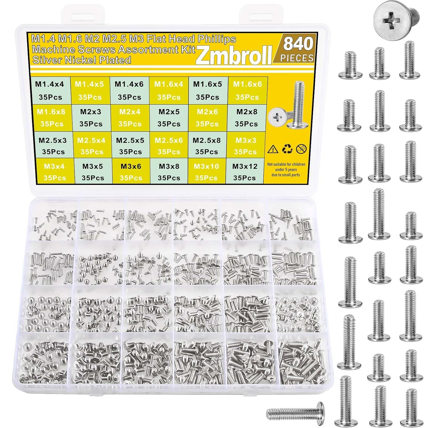 840Pcs Flat round Head Machine Screw Phillips SSD Screw Small Computer Laptop Screws Nickel Plated Micro Screw Assortment Kit for Eyeglasses, Watches, Electronic Repair image number 4