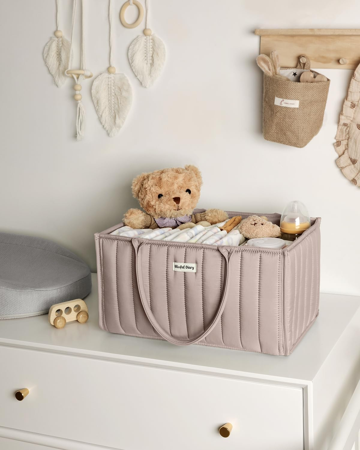 Blissful Diary Nappy Caddy Organiser, Baby Diaper Caddy for Nappy Station, Stylish Storage Basket for Newborn Essentials, Baby Shower Gifts for Girl or Boy, Sand