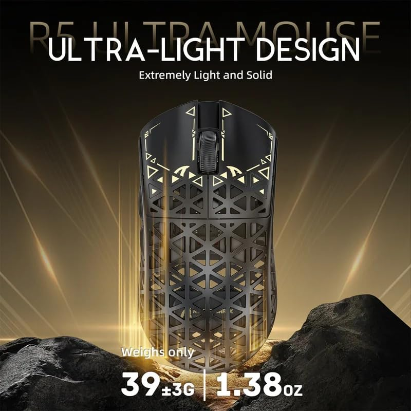 ATTACK SHARK R5 Ultra Wireless Gaming Mouse,39G Superlight Carbon Fiber Hollowed-Out,Paw3950Max Optical Sensor Nordic 52840 MCU 8K Polling 42K Dpi,Tri-Mode Programmable Mice with Coiled Cable-Black image number 3