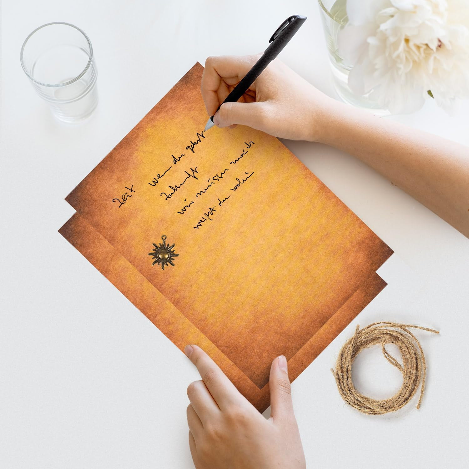 Vintage Stationery Paper and Envelopes Set - 24 Sheets Classic Aged Antique Letter Paper Stationary Set for Writing Letters Invitations with 12 Old Style Kraft Envelopes Rope Retro Accessories Pendant - 6 Style Vintage Paper image number 2