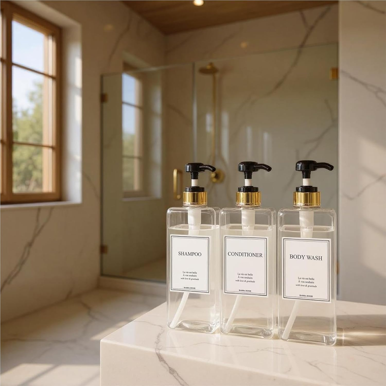 Modern Gold Design Shampoo and Conditioner Dispenser, Large 27Oz Shower Soap Dispenser, Set of 3 Refillable Empty Plastic Pump Bottles for Bathroom (6 Waterproof Labels Included), (Clear & Black) - Clear  Black image number 2