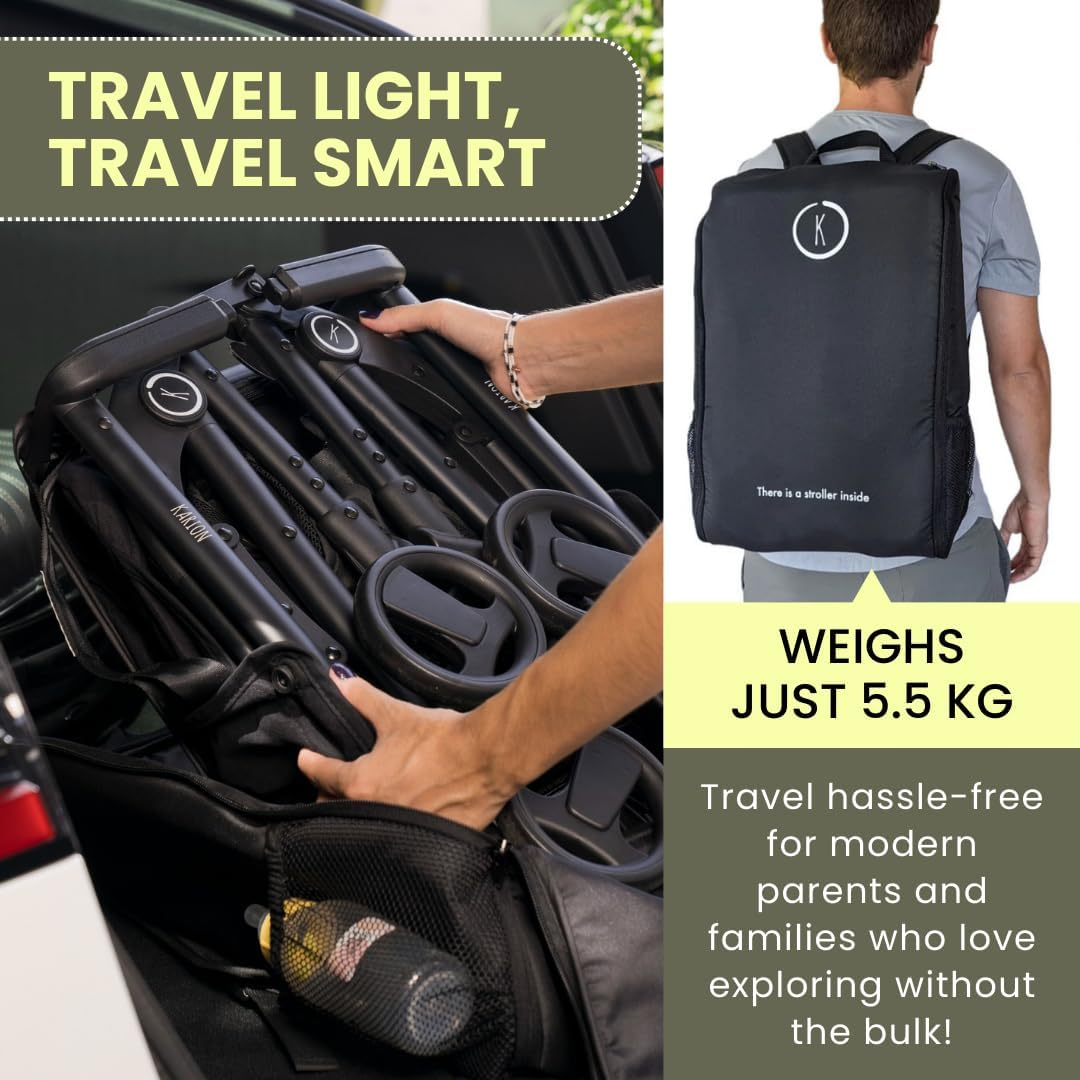 KARION Original Travel Stroller - Ultra-Compact & Lightweight, Carry-On Approved, Fits Airplane Overhead Lockers, Easy-Fold,Includes Carry Bag for Families on the Go (1, Stroller W/ Standard Carry Bag + Backpack) image number 5