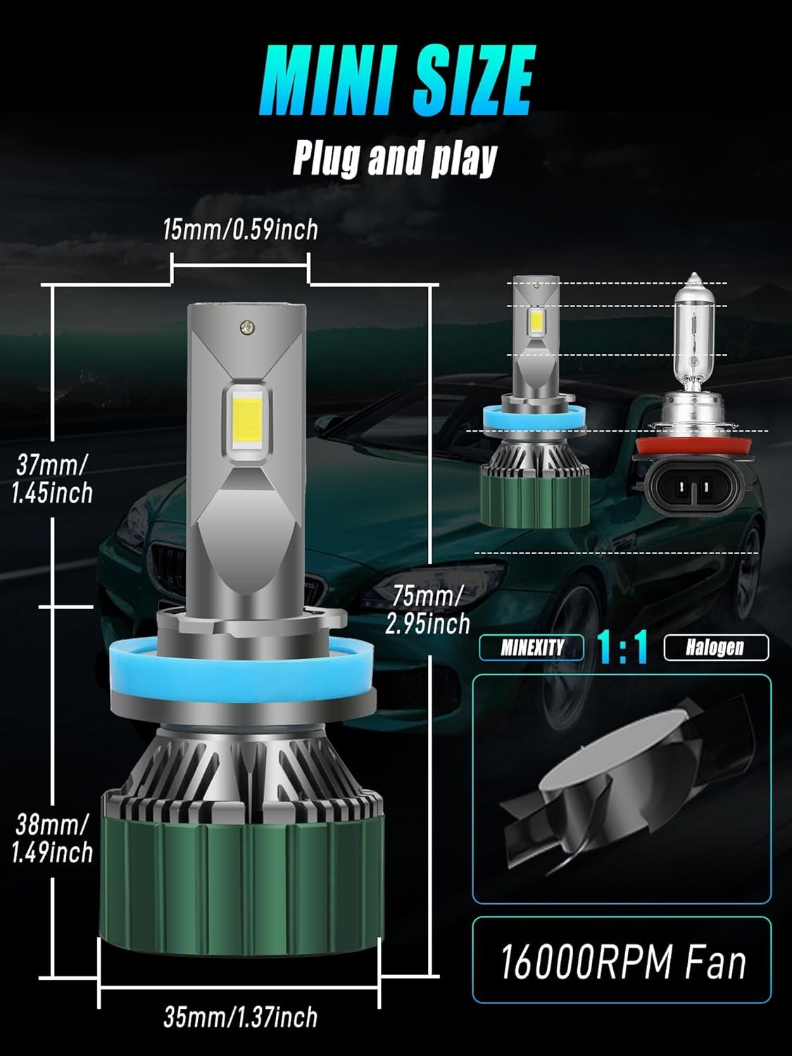 H11 H8 H9 LED Headlight Bulbs, 600% Brightness 28000LM 6500K Xenon White Conversion Kit Plug and Play High/Low Beam Fog Light Bulb, Pack of 2 image number 2