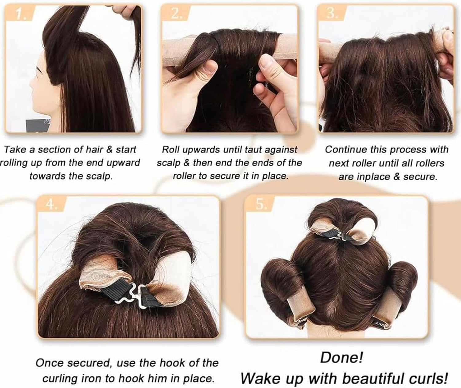 3Pcs Heatless Curl Rods, Heatless Hair Curler for Overnight Curls, No Heat Hair Rollers with Soft Velvet Material, Suitable for Long Short Hair (Black, Pink, Khaki) image number 3