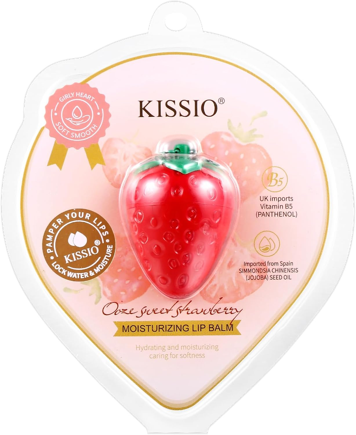KISSIO Lip Balm,Strawberry Lip Care with B5 Panthenol,Jojoba Seed Oil and Ceramide,Moisturize and Soothe Chapped Lips,Reduces Lines and Enhances Elasticity,Cruelty Free,Strawberry