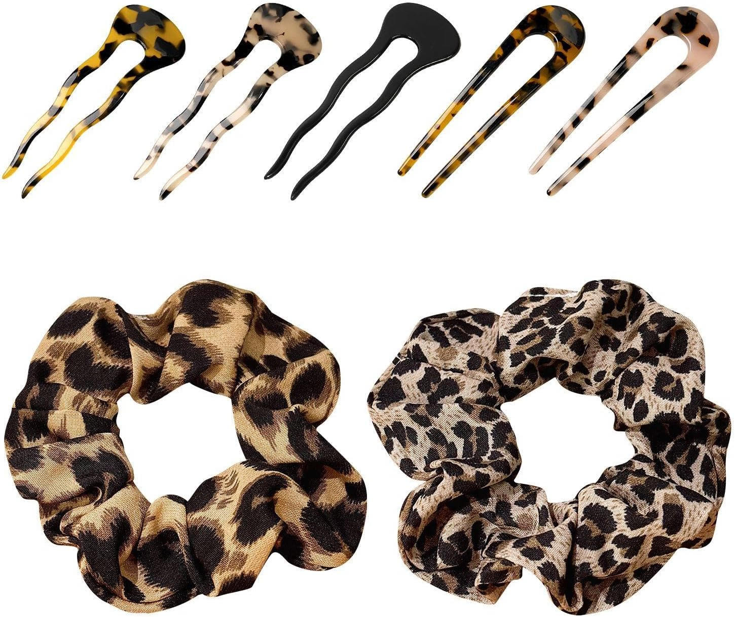 Pack of 5 U-Shaped Hair Pins, 2 Pieces Large Intestine Hair Bands with Leopard Print, Simple and Fashionable French Hair Pins, Women'S Bun Hair Fixing Decoration