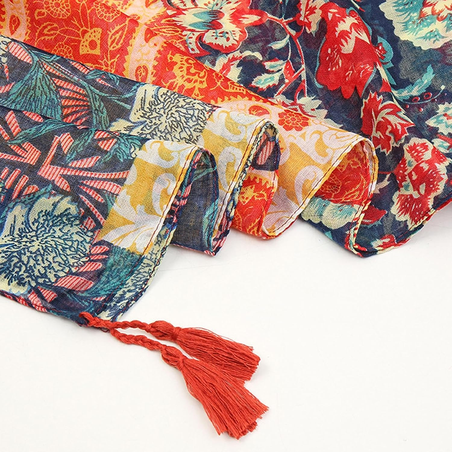 Boho Printed Scarf | Lightweight Boho Cotton Scarf Wrap Boho Scarf with Fringe | Winter Fashion Vintage Scarf for Beach Swimming Pool Travel Work, Multi-Coloured, Siehe Beschreibung