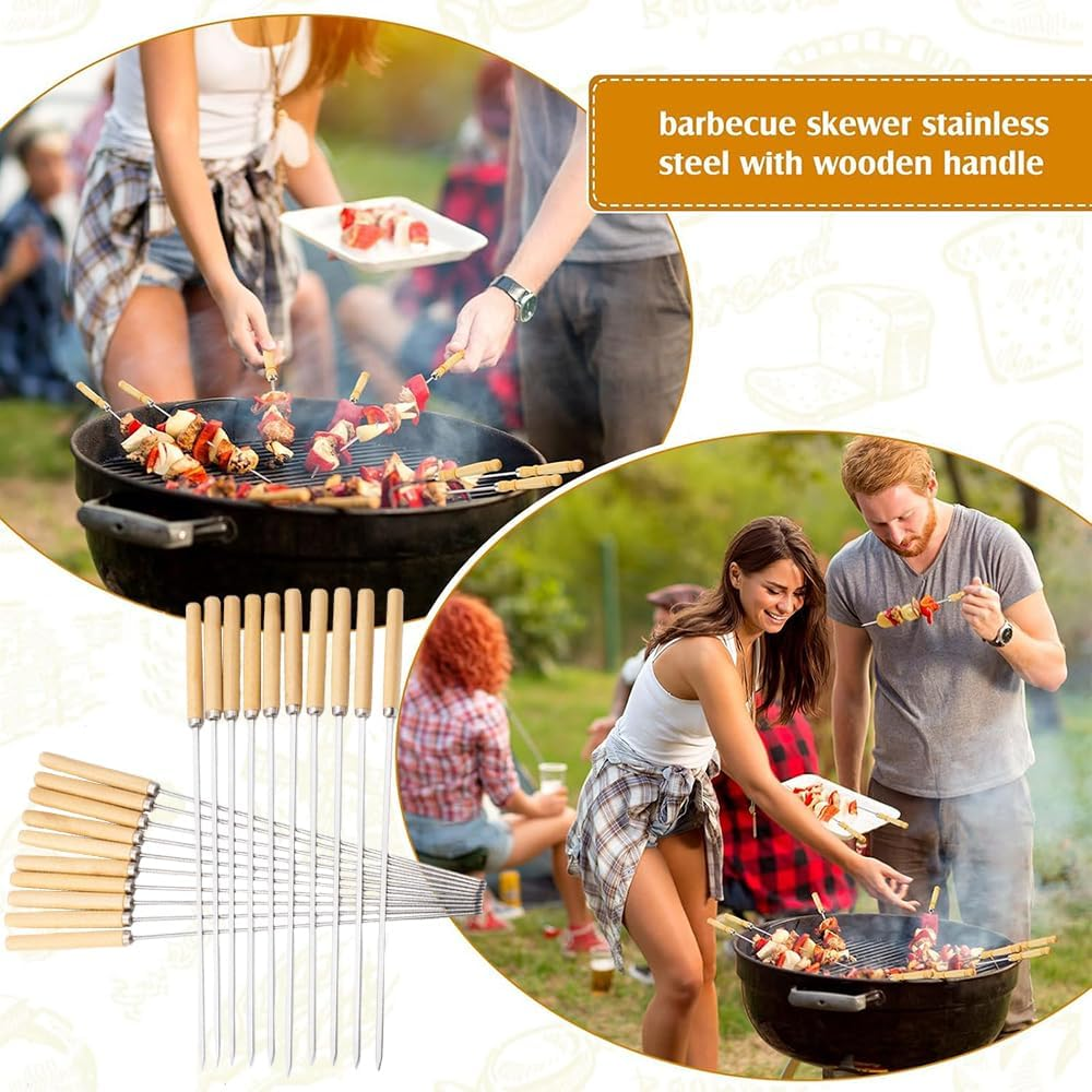 Frafuo 20 PCS Barbecue Skewers-33Cm Kabob Skewer with Wooden Handle-Reusable Stainless Steel BBQ Skewers-Metal Skewers for Meat Shrimp Chicken Vegetable Hot Dog and Marshmallow image number 3
