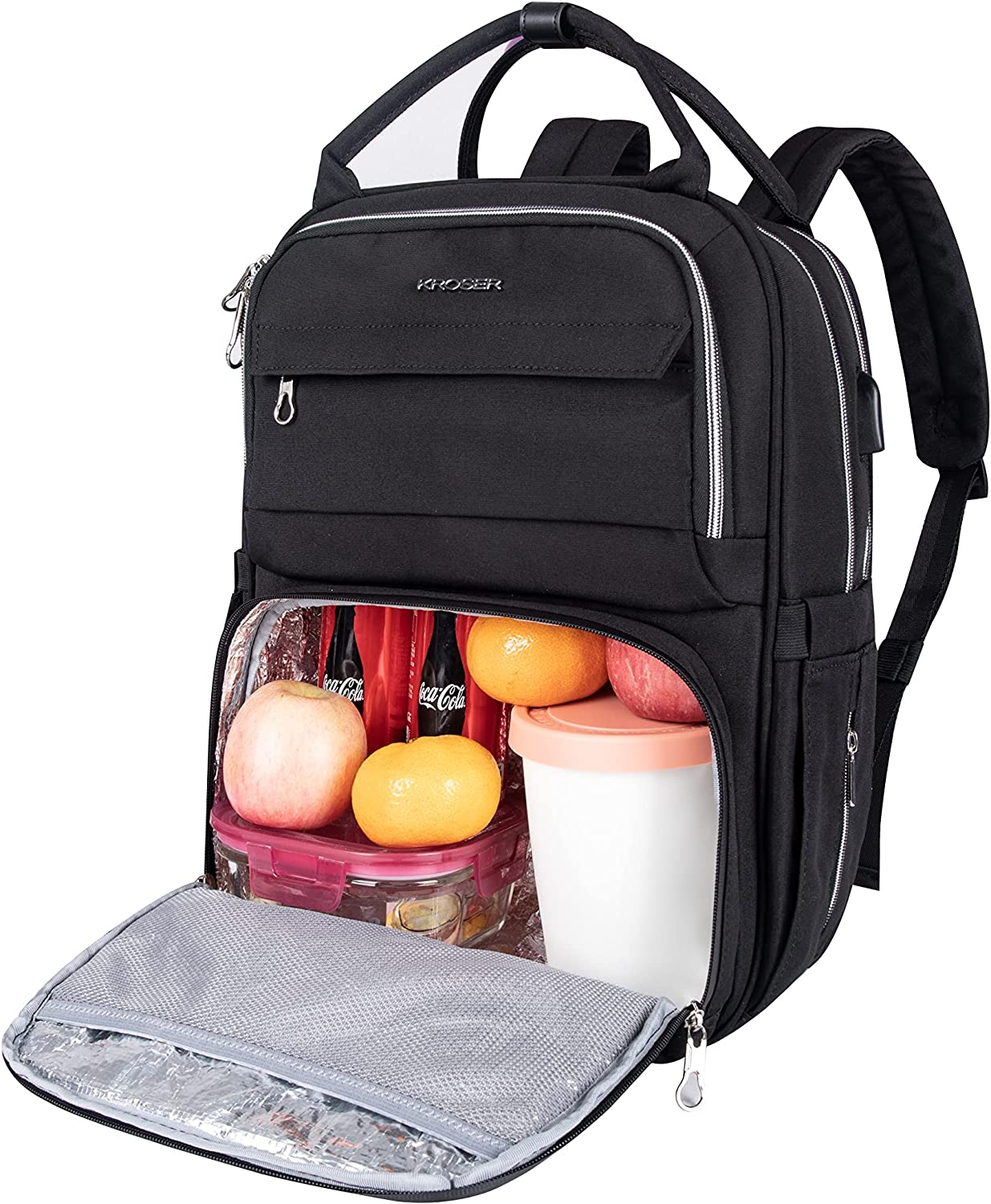 KROSER Lunch Backpack 15.6 Inch Laptop Backpack with USB Port Insulated Cooler Backpack for Men and Women, Outdoor Lunch Bag for School Work Hiking Beach Picnic Trip (BLACK) image number 6