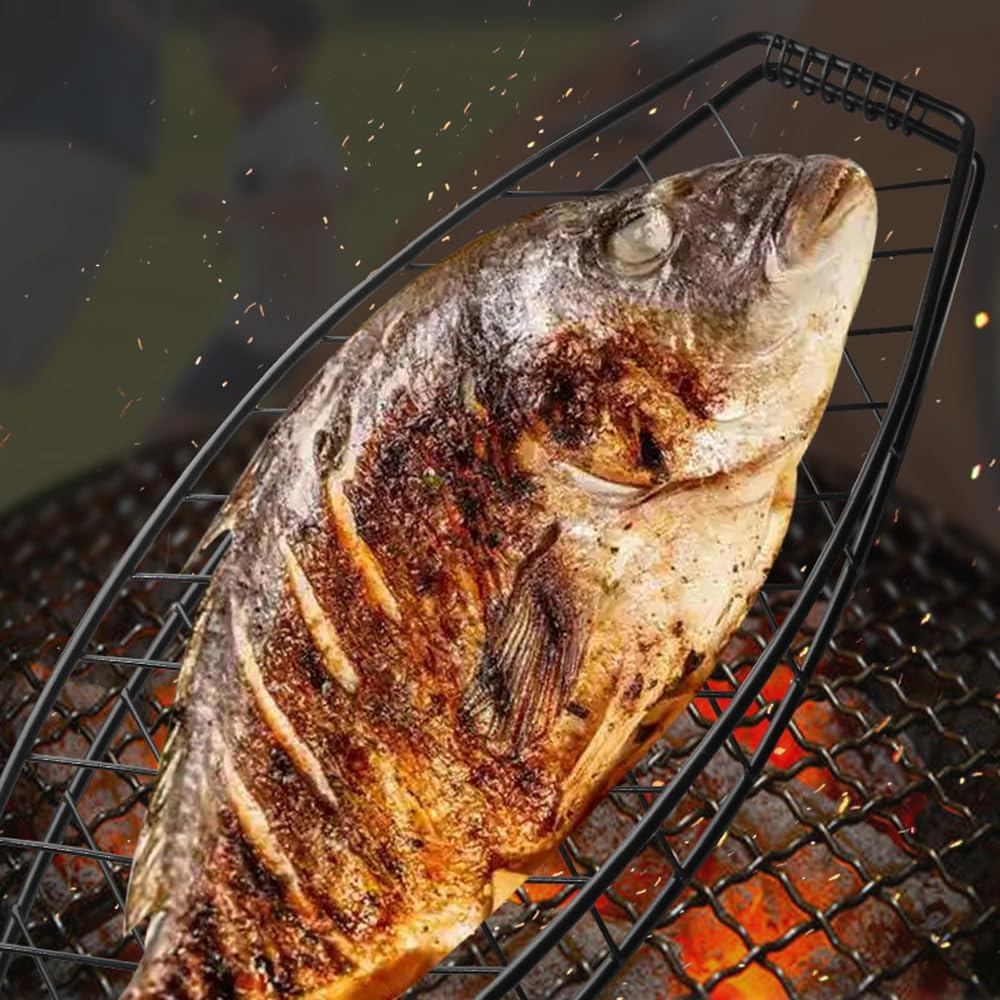 Leona Co Non-Stick BBQ Fish Grill Basket &ndash; 14X58Cm, Stainless Steel with Wooden Handle &ndash; Ideal for Grilling Fish, Meat & Vegetables image number 6