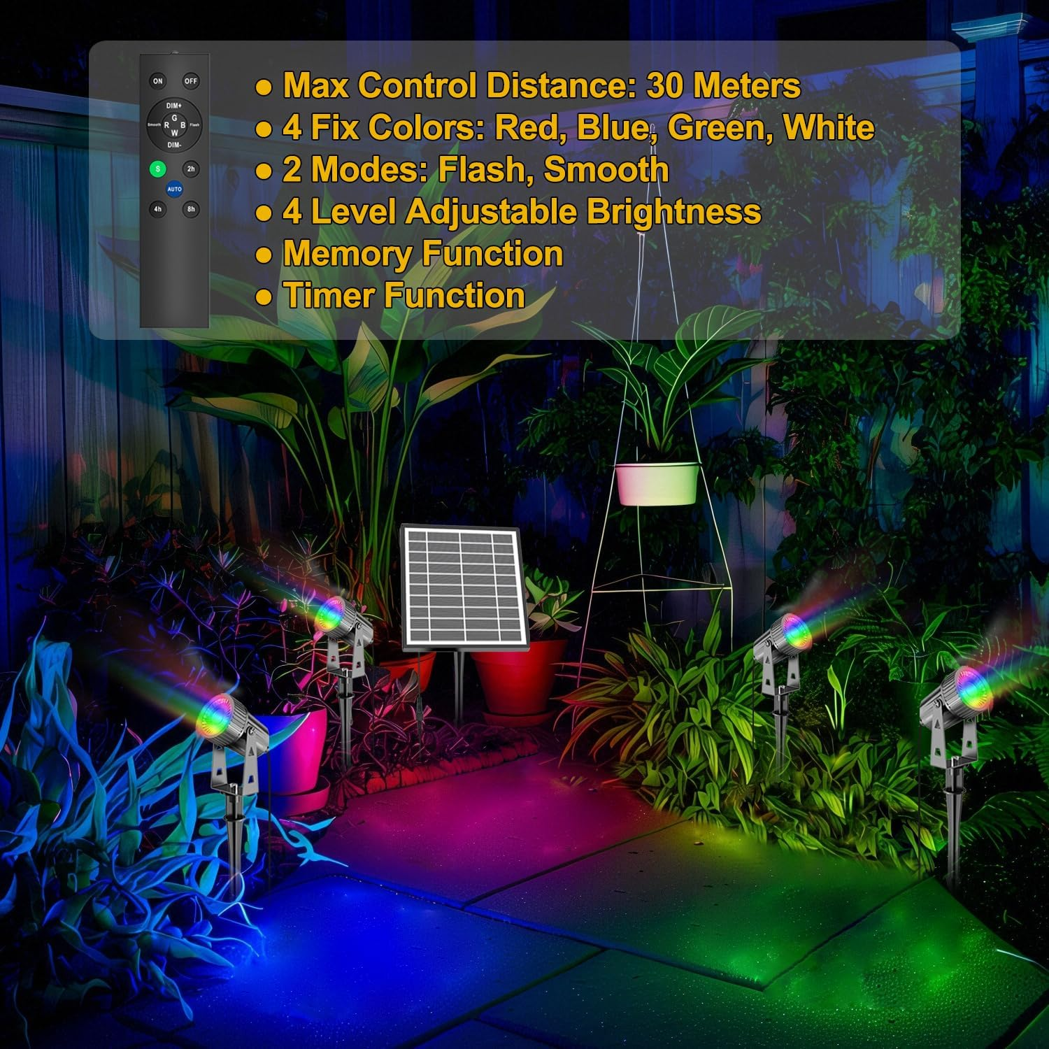 Solar Spot Lights, 4 in 1 Solar Garden Spotlights Outdoor Waterproof Color Changing Daytime Working with USB Charging, Remote for Pathway Landscape Tree Lawn Yard Pool image number 2