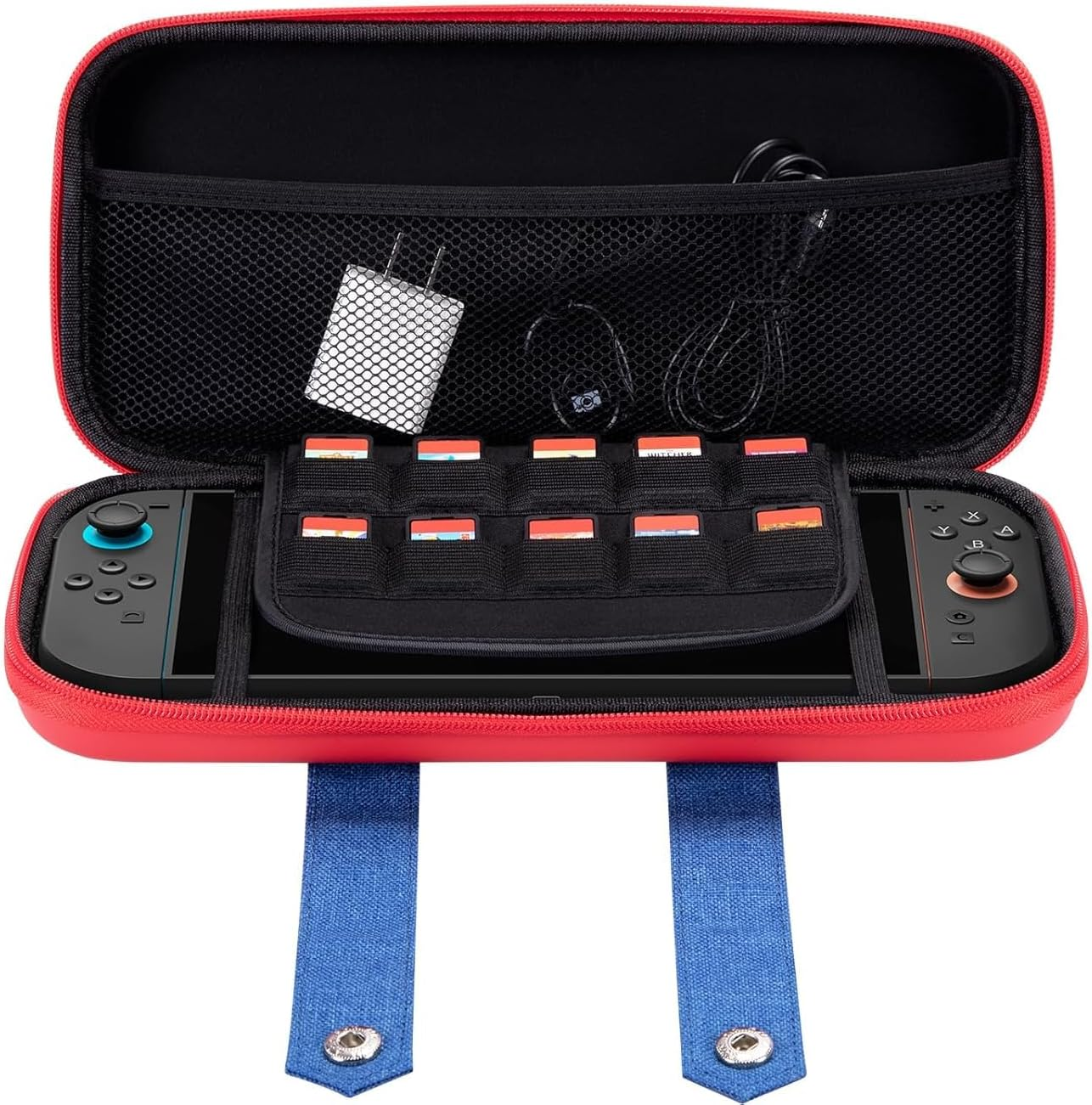 Carrying Case for Nintendo Switch 2 2025, Protective Case with 10 Game Cartridge Holders, Travel Carrying Storage Pouch - Red Blue image number 6