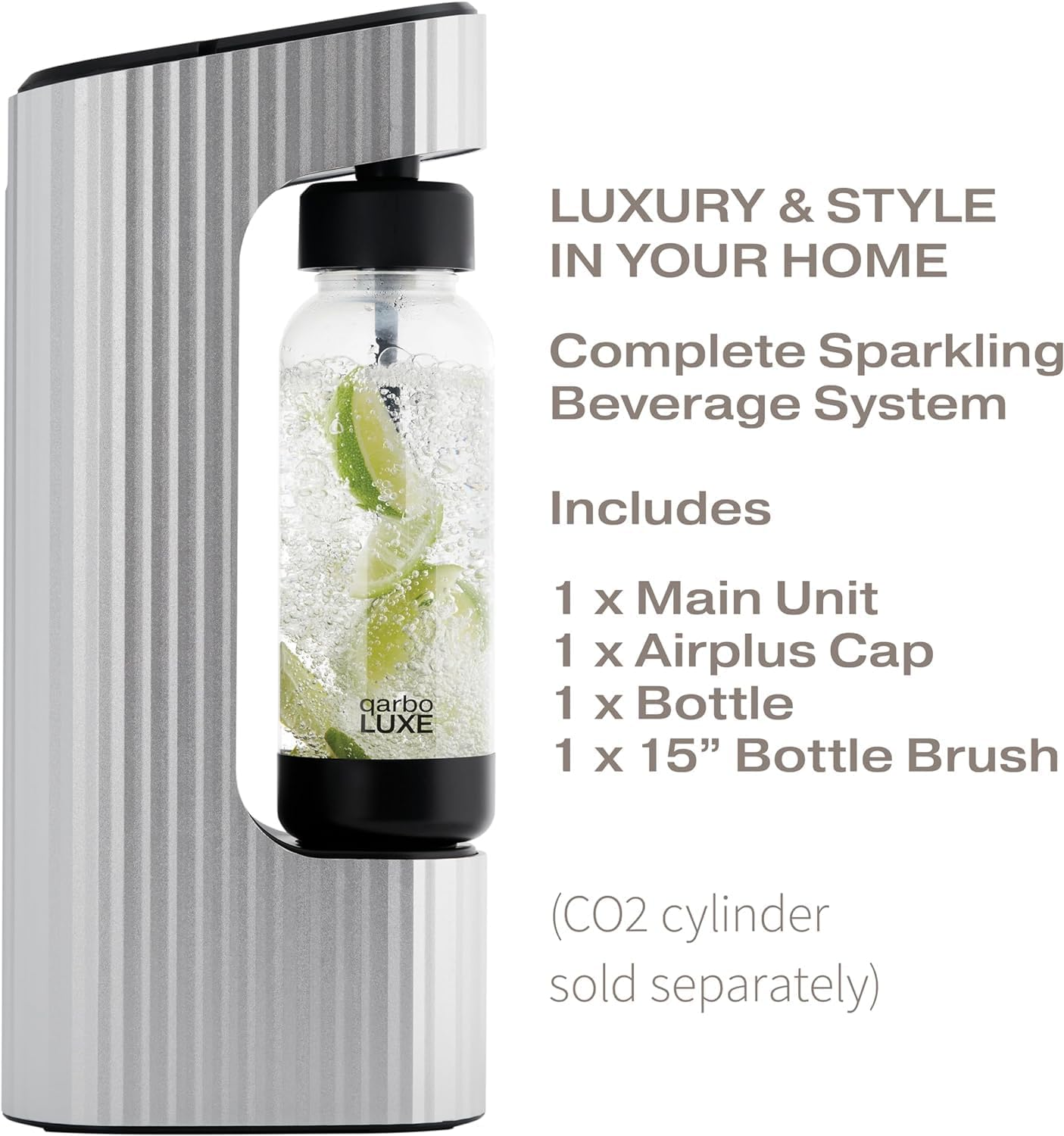 Twenty39 Qarbo LUXE Premium Sparkling Water Maker Machine - Soda Beverage Carbonator for Home, Seltzer & Carbonated Beverage Dispenser, Water Carbonation Fizz Maker (Amalfi Silver) image number 5
