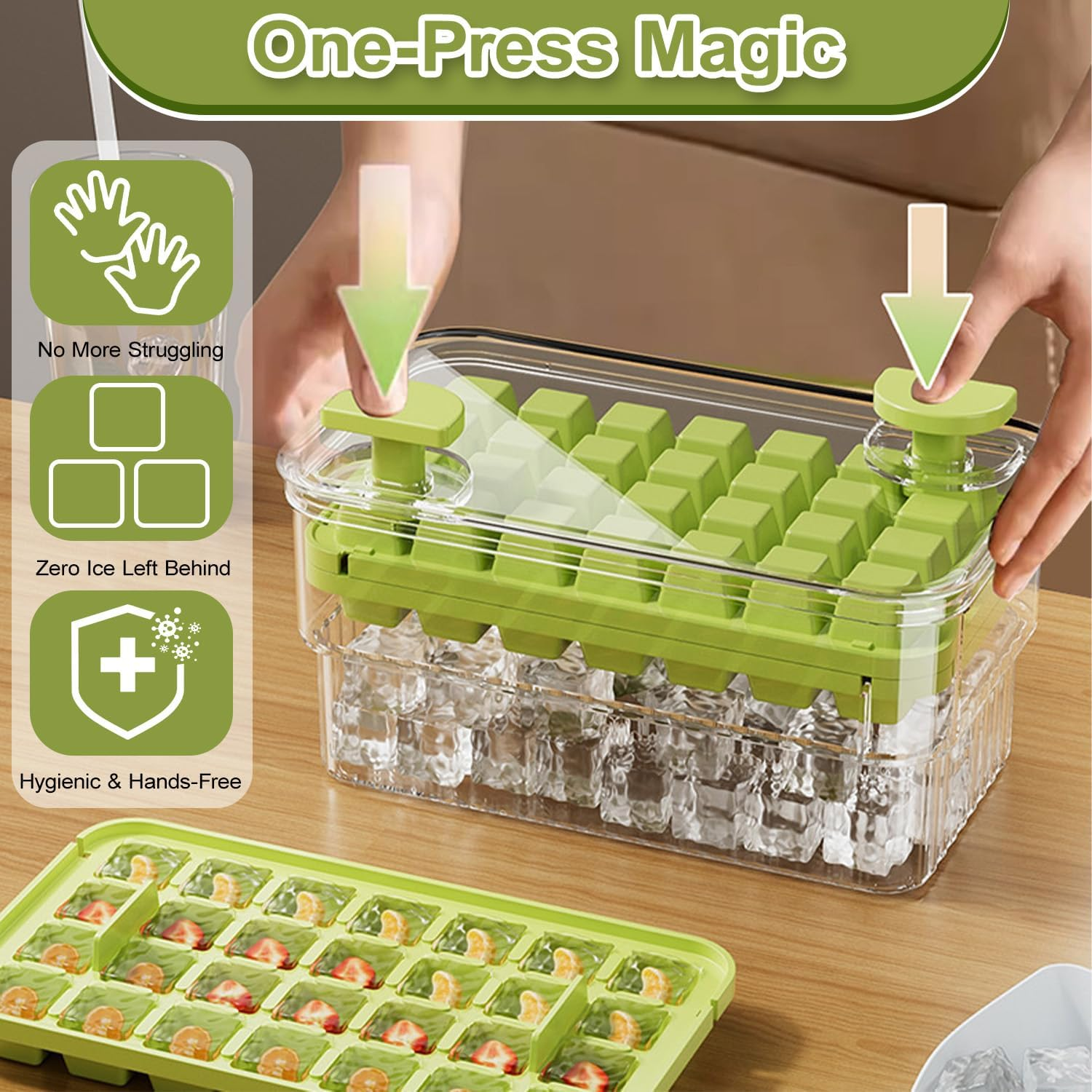 84-Piece Ice Cube Tray with Lid & Bin, WEKUBA 2026 Upgraded One-Button Release Ice Cube Trays, with Ice Scoop, for Frozen Food, Drinks, Coffee,Fruit, Whiskey,Cocktails,Juice and Ice Cream，Green image number 6